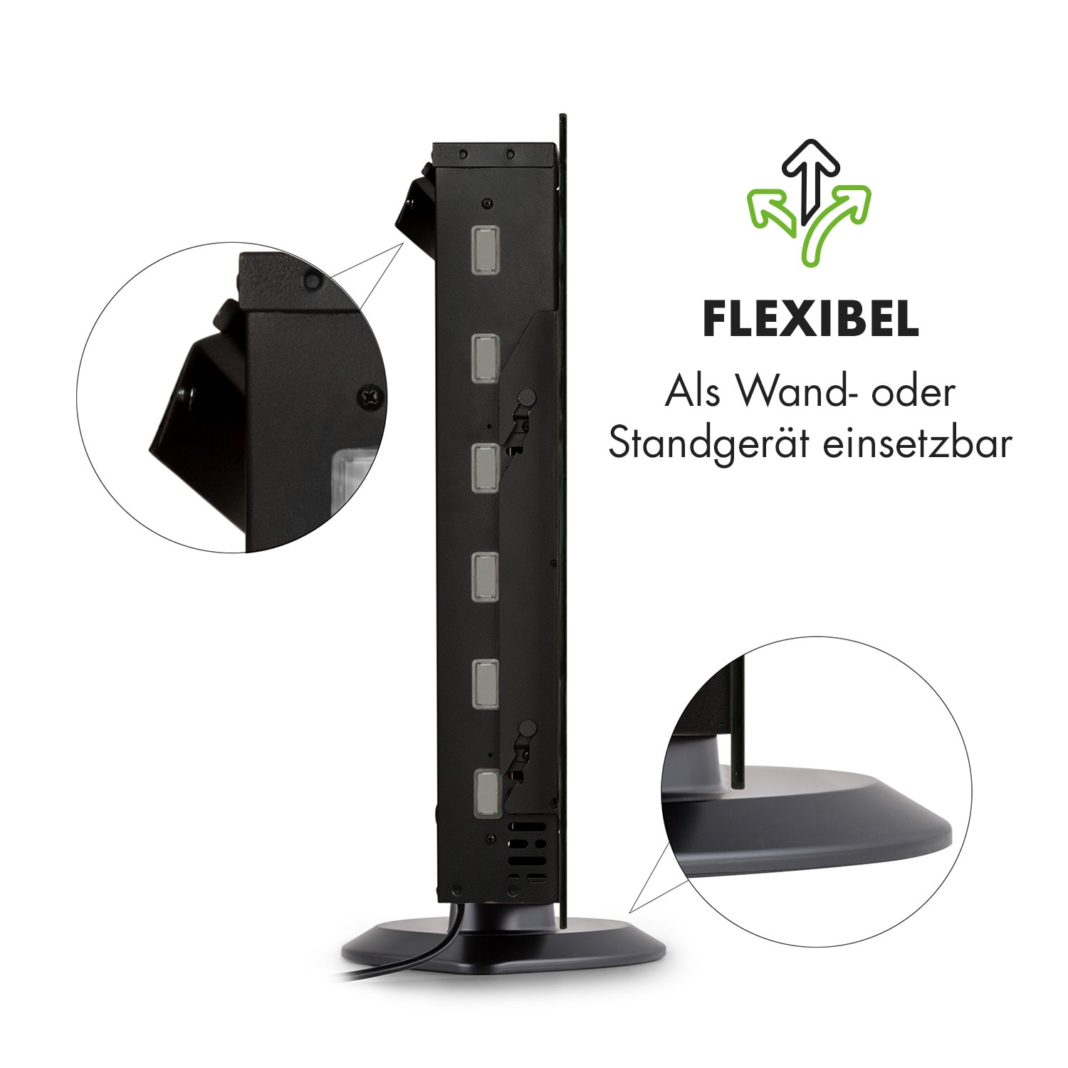 Schwarze Heizung, Seitenansicht, mit flexiblem Fuß und Detailaufnahme.