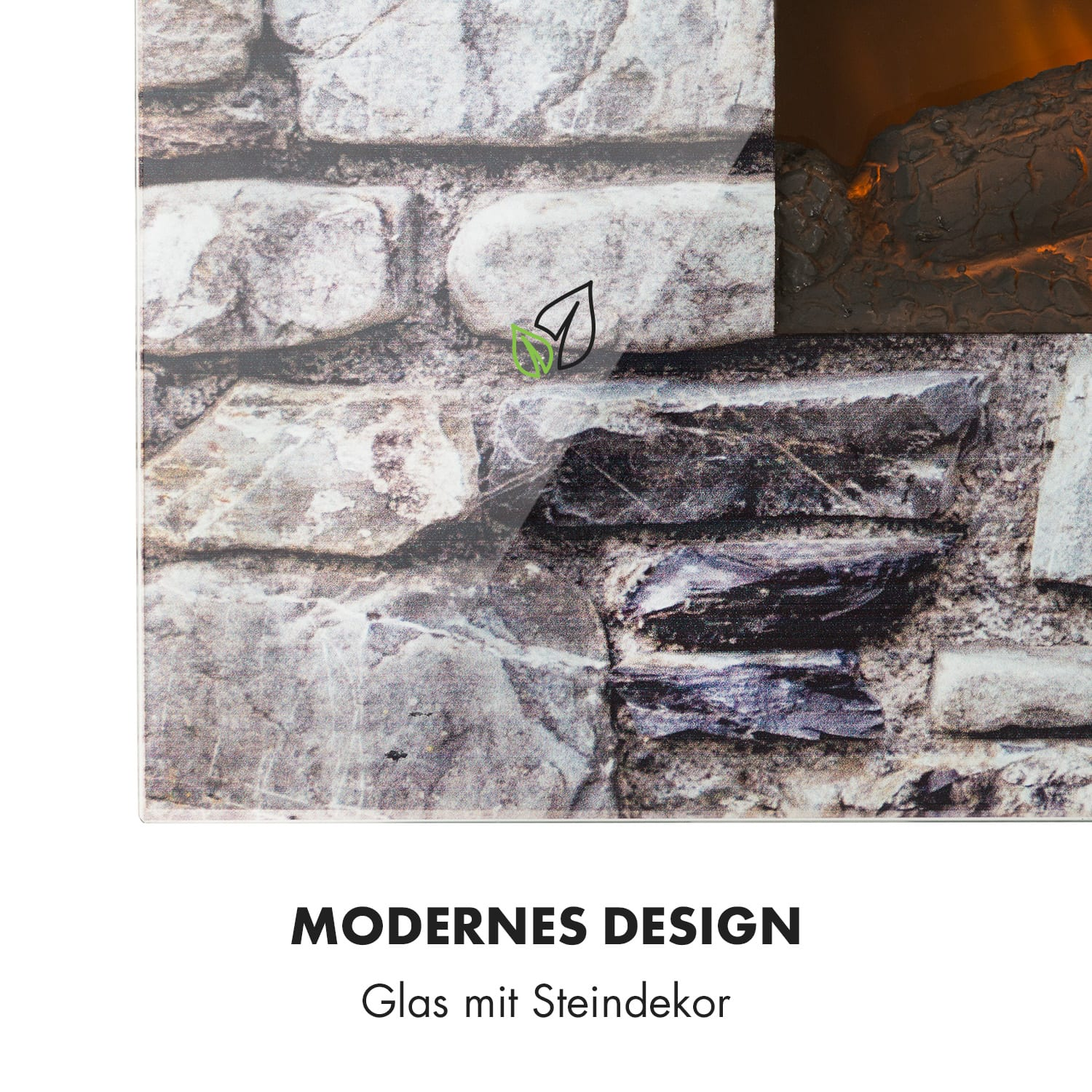 Nahaufnahme des modernen Glas-Kaminfeuers. Steindekor.