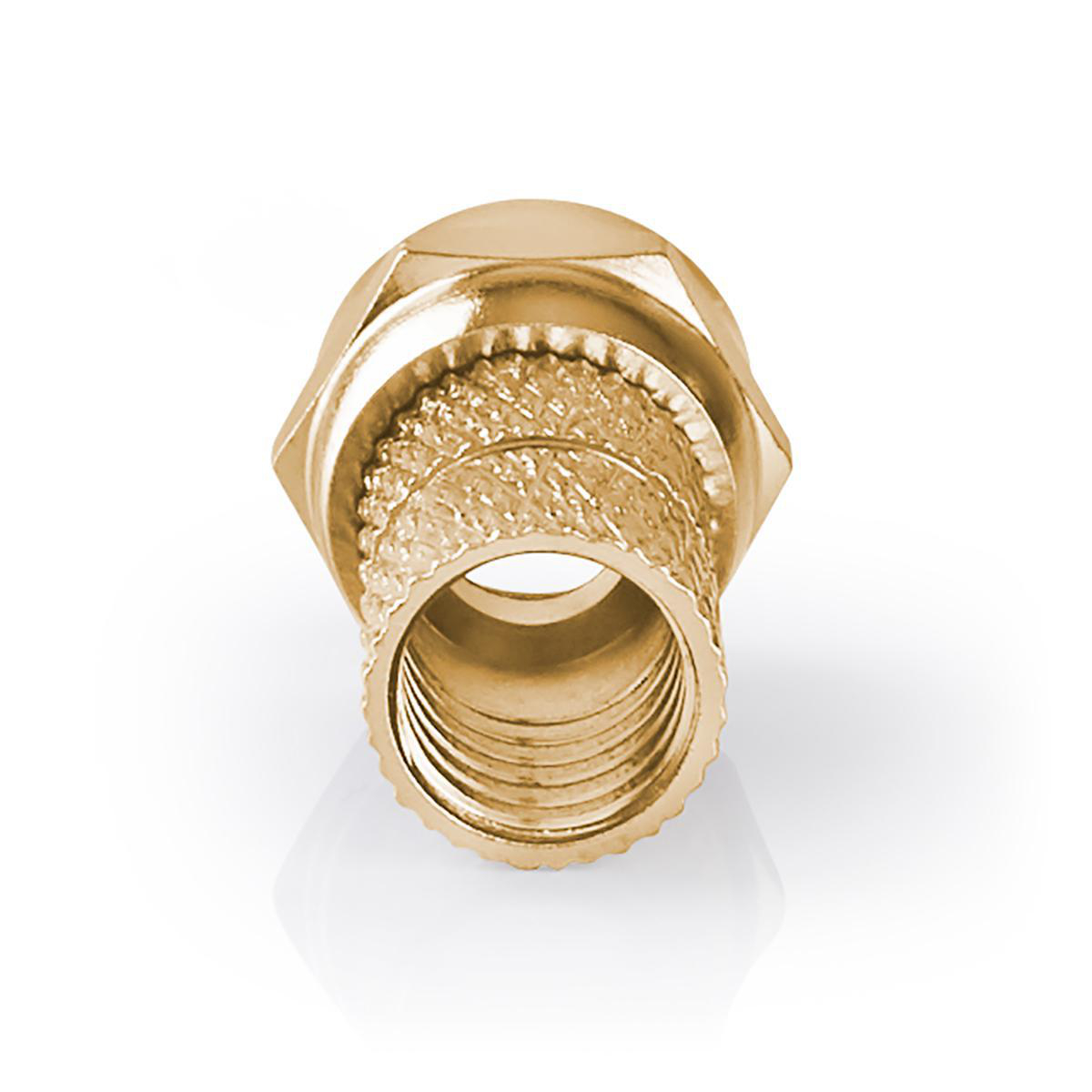 Ein goldfarbener Gewindeeinsatz mit Sechskantkopf auf weißem Untergrund.