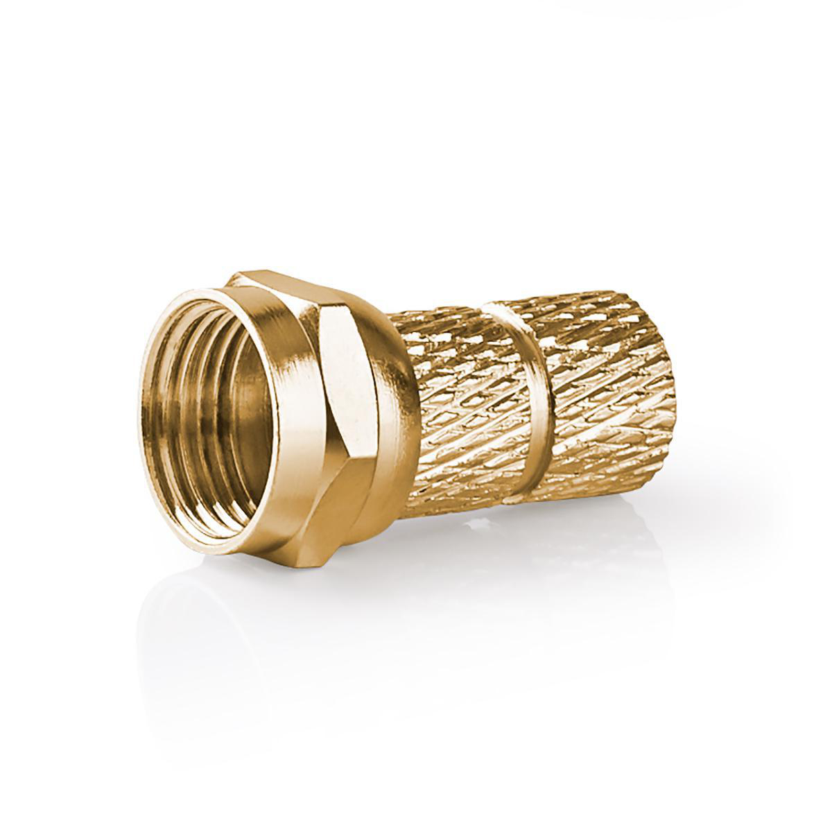 Goldener F-Stecker vor weißem Hintergrund.