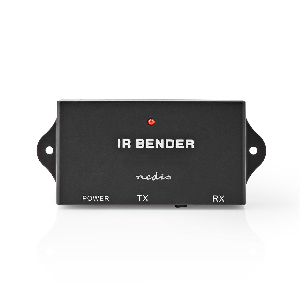 Dispositivo IR Bender nero con luce rossa. Testo: 'IR BENDER'. Sfondo bianco.