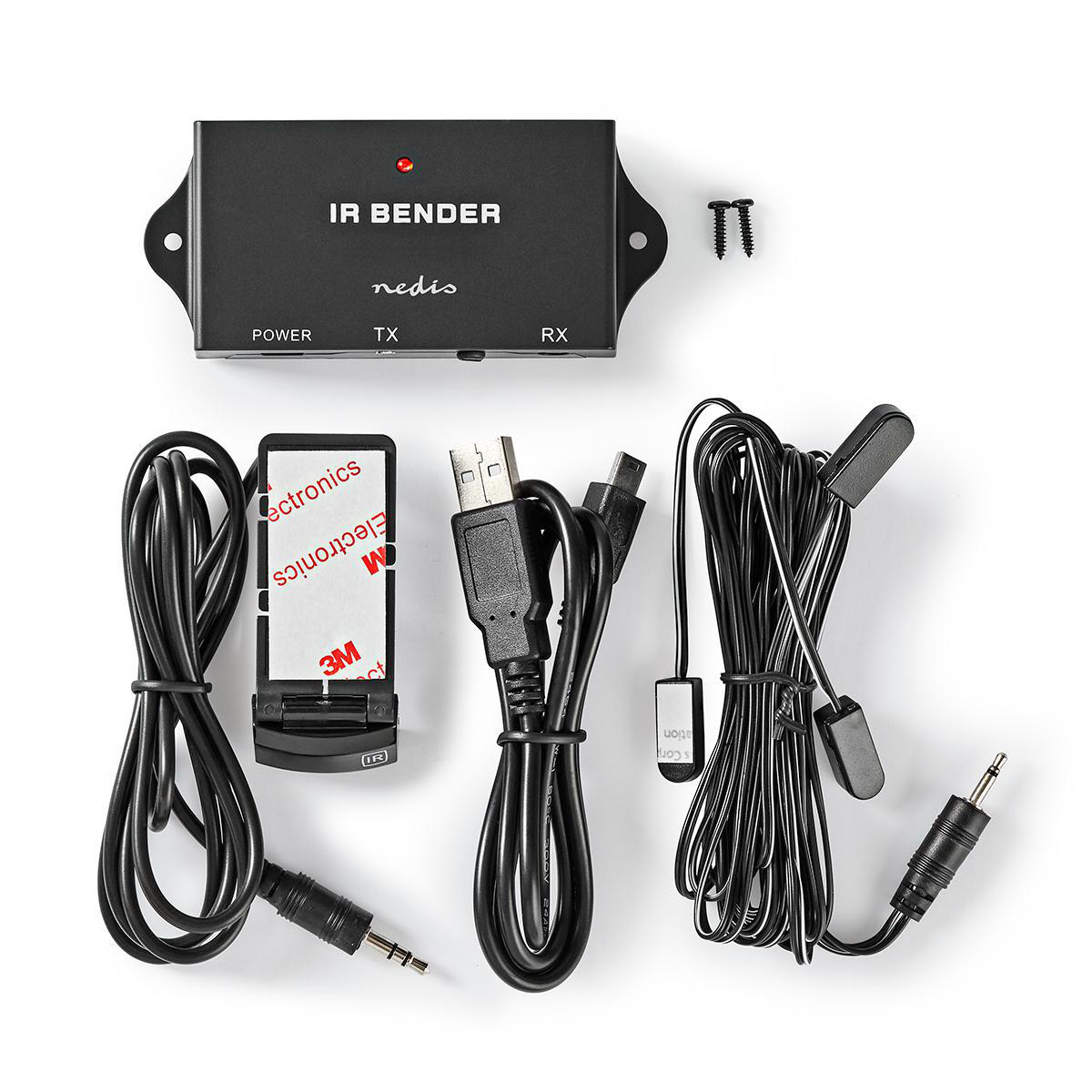 Kit piegatore IR. Contiene una scatola nera, cavo USB, cavo IR e adesivo 3M.