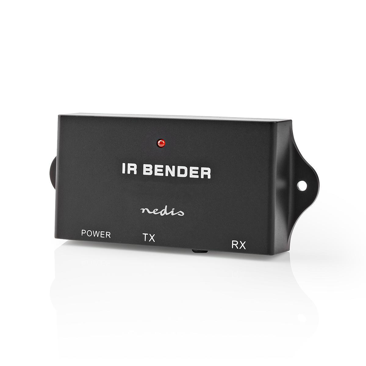 Un dispositivo IR bender nero con testo e un LED rosso, su sfondo bianco.