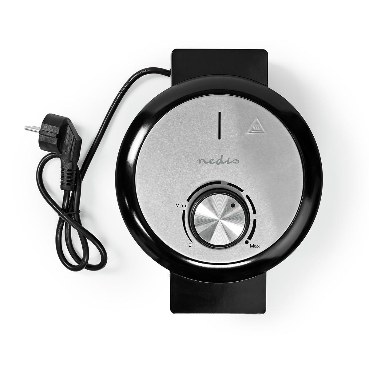Waffle maker, vista dall'alto, mostra i controlli e la spina.