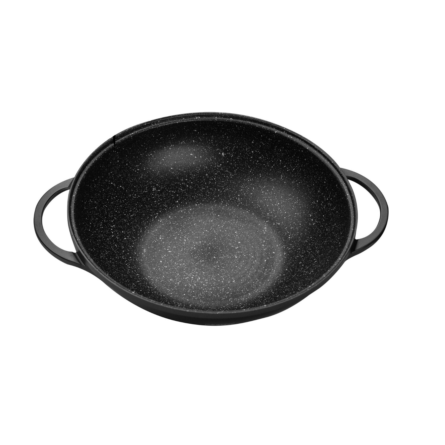 Eine schwarze, gesprenkelte Wokpfanne wird gezeigt. Sie hat zwei Griffe und eine weite, offene Fläche zum Kochen.