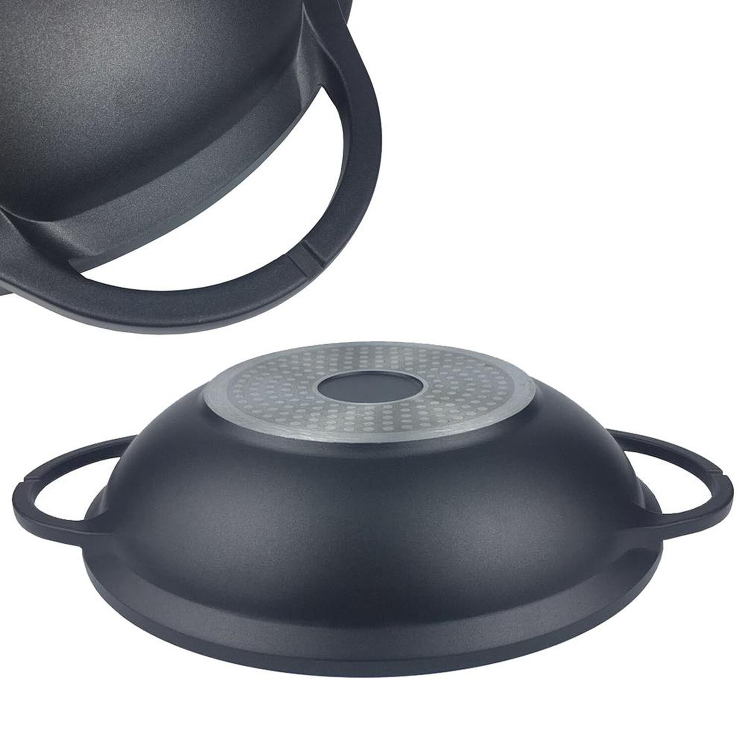 Eine dunkelgraue Pfanne im Wok-Stil mit zwei Griffen und eine Nahaufnahme des Bodens.