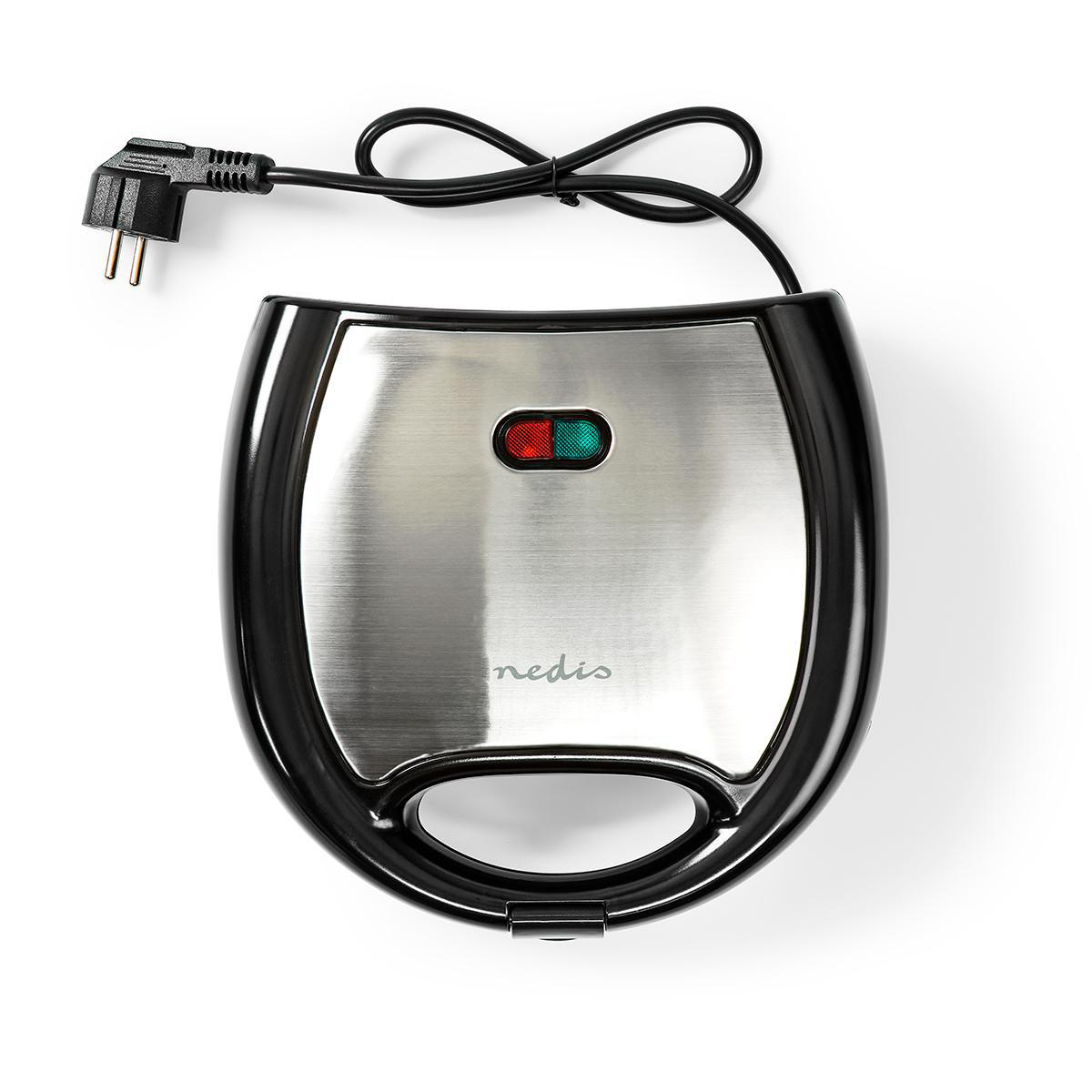 Czarny i srebrny gofrownica z przewodem zasilającym. Czerwone/zielone światła u góry.