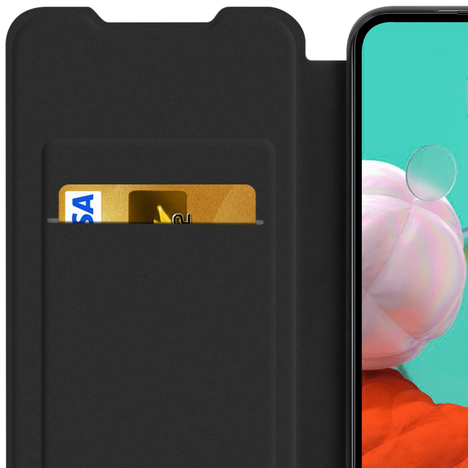 Custodia per telefono nera con una carta in uno slot, parzialmente aperta, che mostra lo schermo.