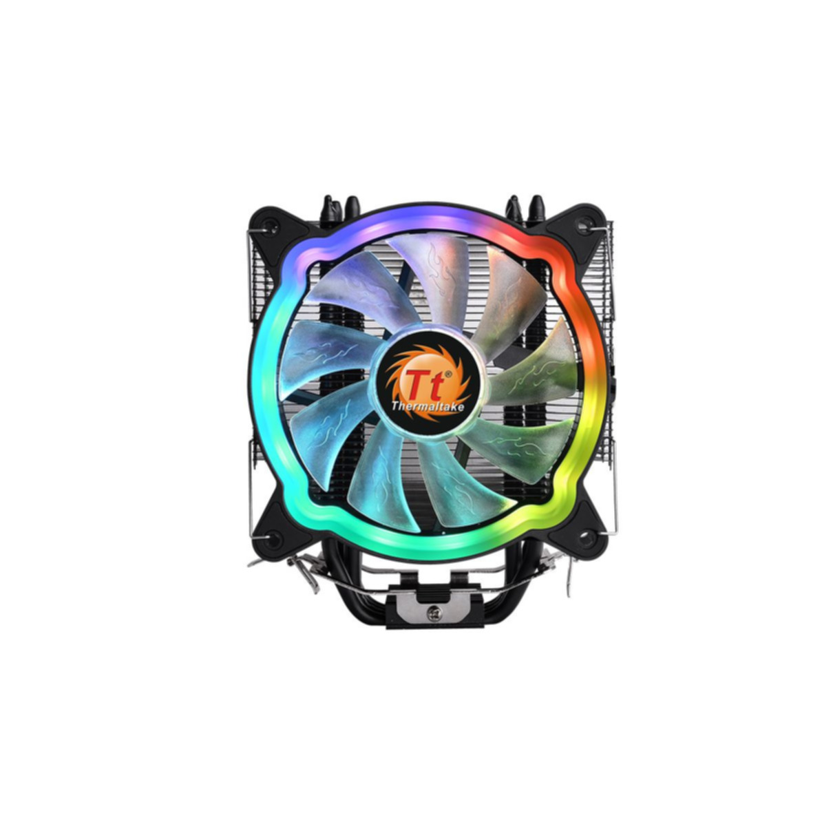 Ein Computerlüfter mit einem kreisförmigen, mehrfarbigen LED-Ring.
