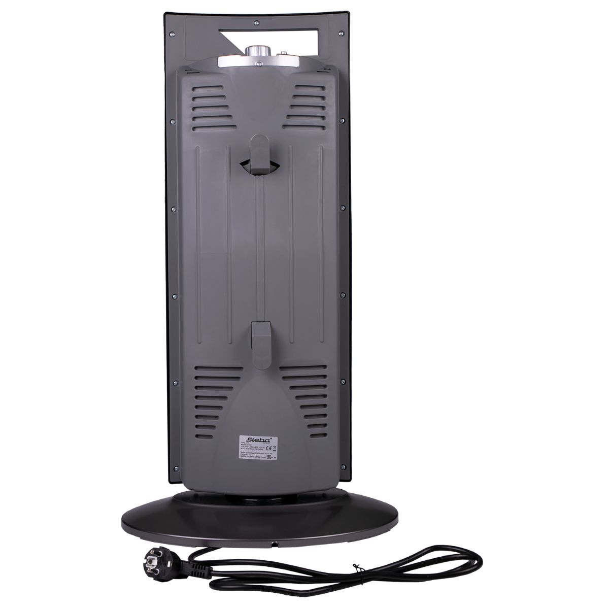 Rückansicht eines schwarz-grauen Elektroheizers mit Kabel und Sockel.