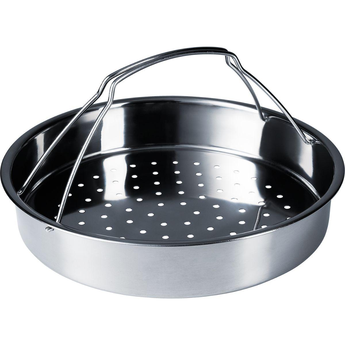 Dampfkorb aus Edelstahl mit Griff, isoliert auf Weiß. Perforierter Boden.