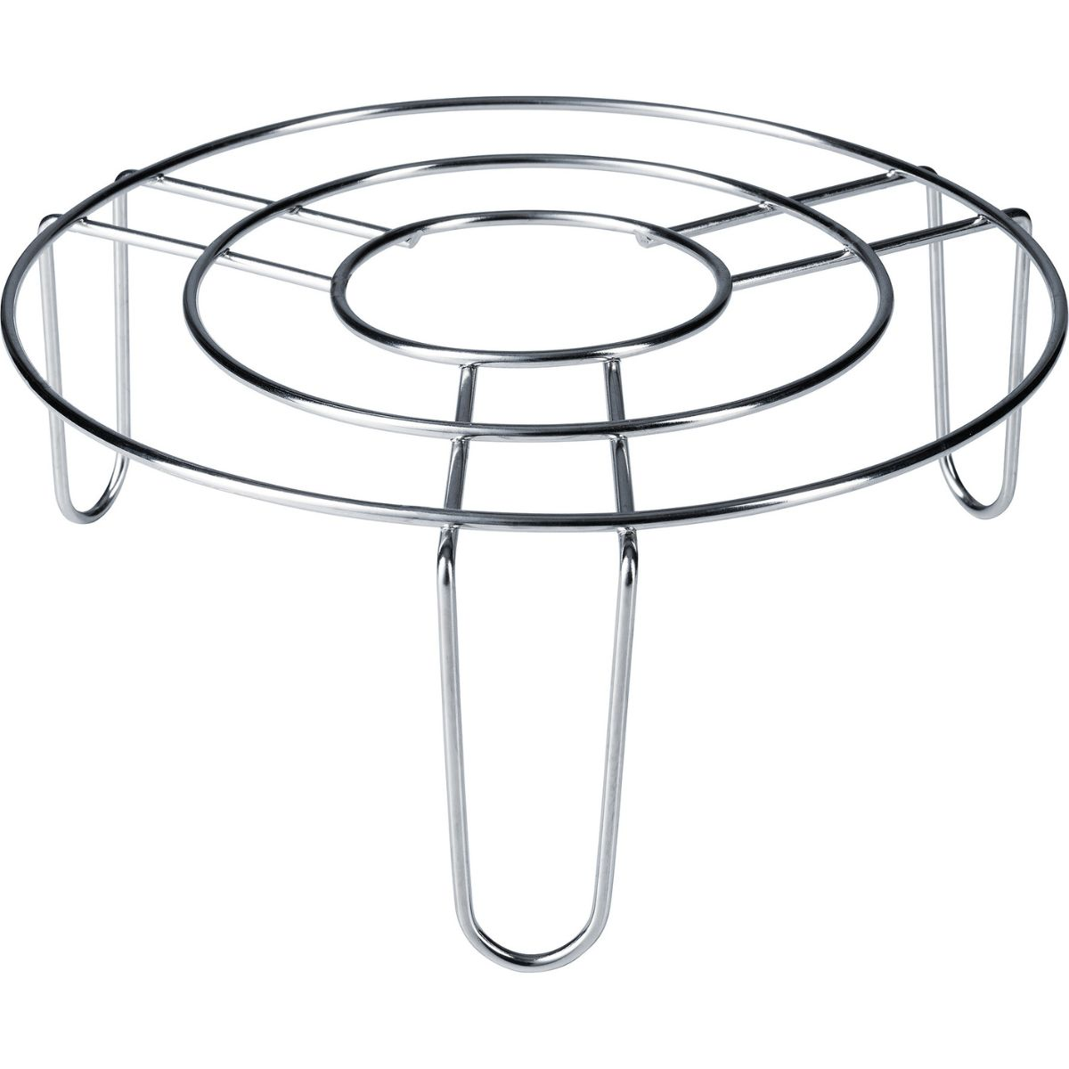 Chrom-Topfuntersetzer mit kreisförmigem Design. Gebogene Beine stützen den Untersetzer.