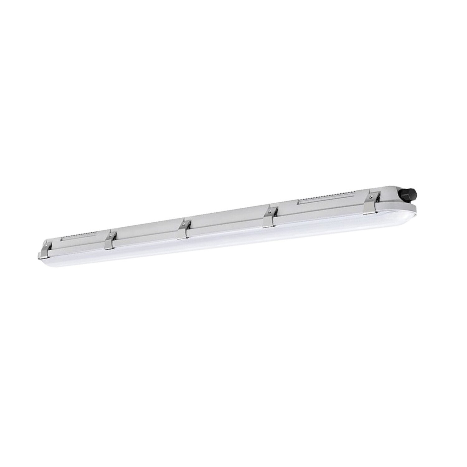 Lange, silberne LED-Leuchte auf weißem Hintergrund.