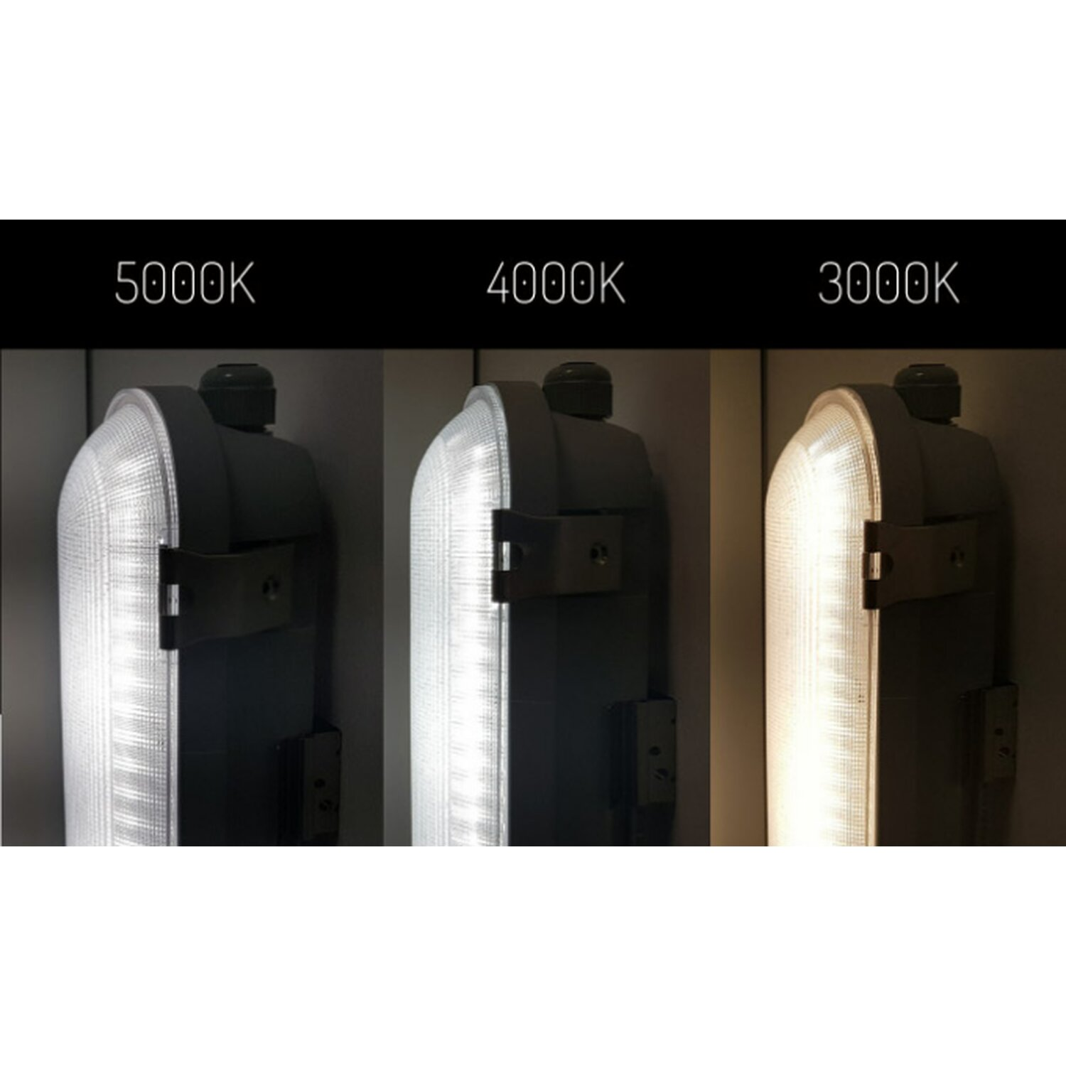 Drei LED-Leuchten mit unterschiedlichen Farbtemperaturen: 5000K, 4000K und 3000K.