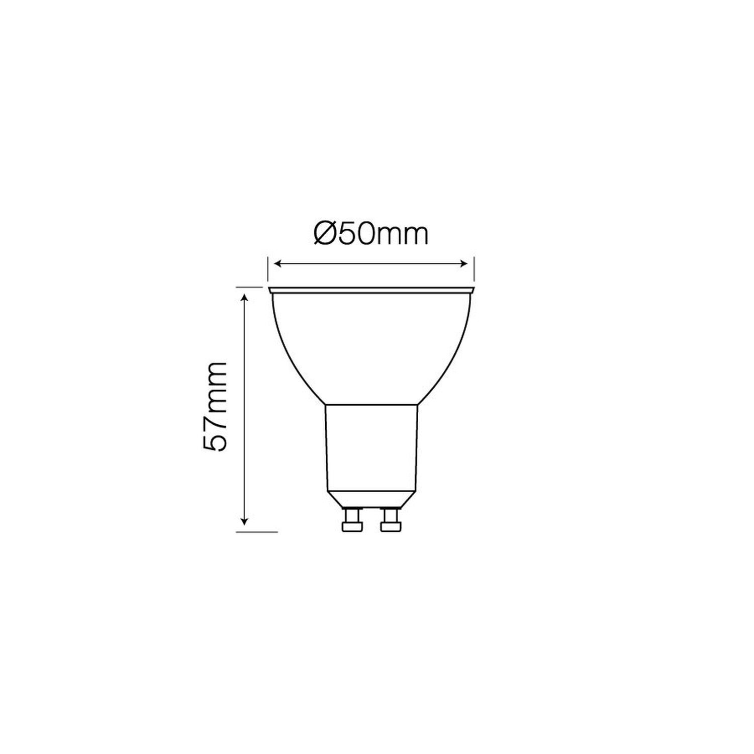 Eine Glühbirne mit den Maßen Ø50mm x 57mm, ein Diagramm mit Messungen.