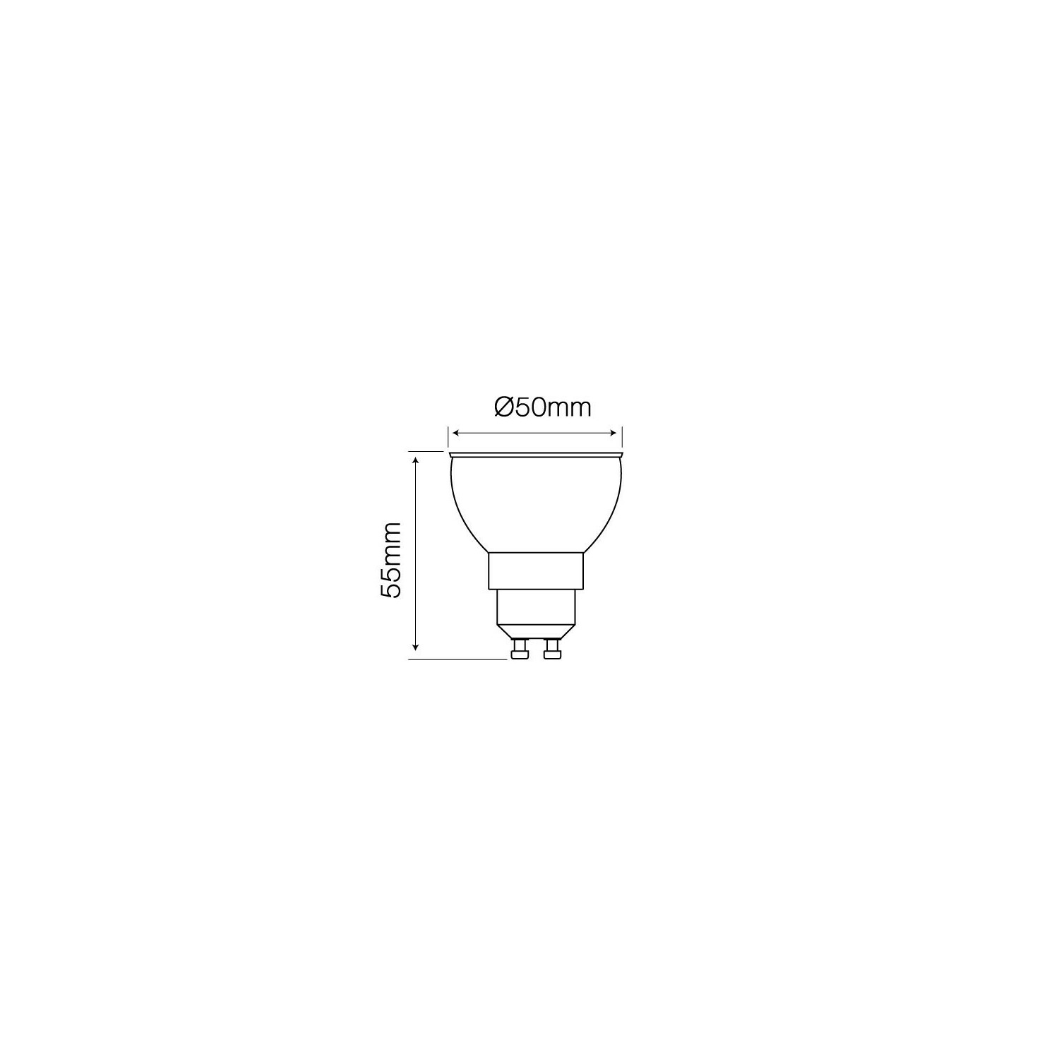 Diagramm einer Glühbirne mit den Abmessungen: 50 mm Durchmesser, 55 mm Höhe.