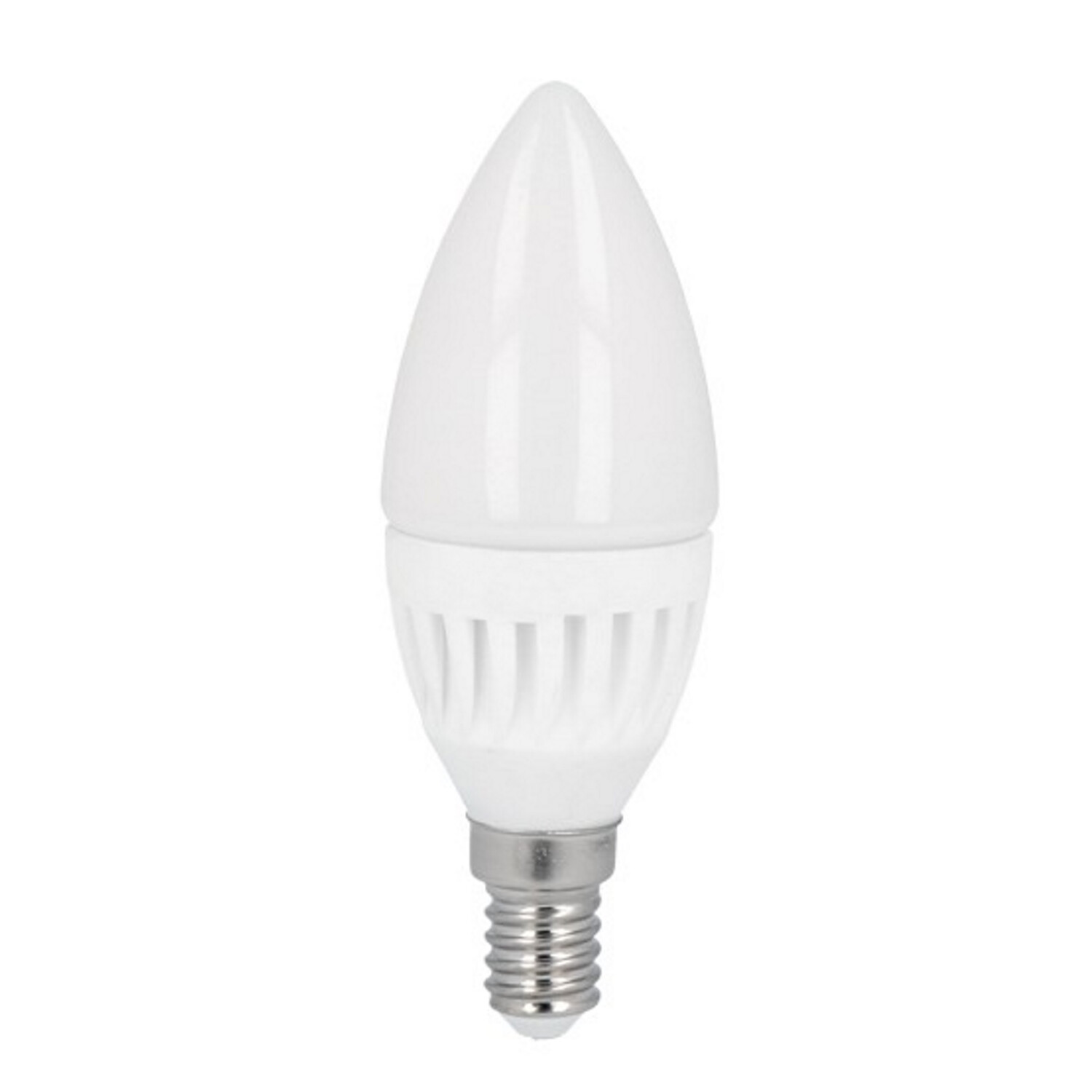 Weiße LED-Kerzenbirne mit silbernem Sockel auf weißem Hintergrund.