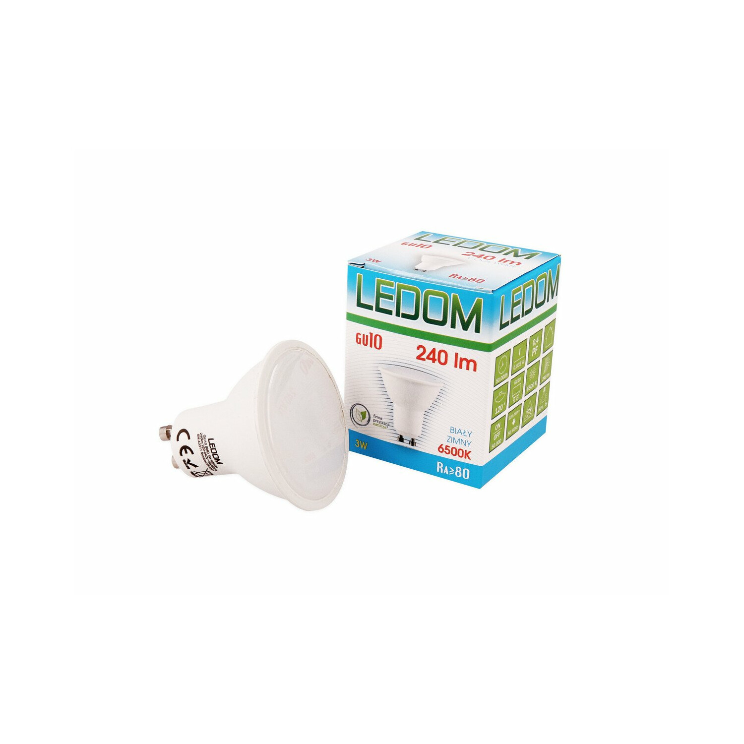 LEDOM GU10 LED-Birne mit Karton, 3W, 240 lm, 6500K.
