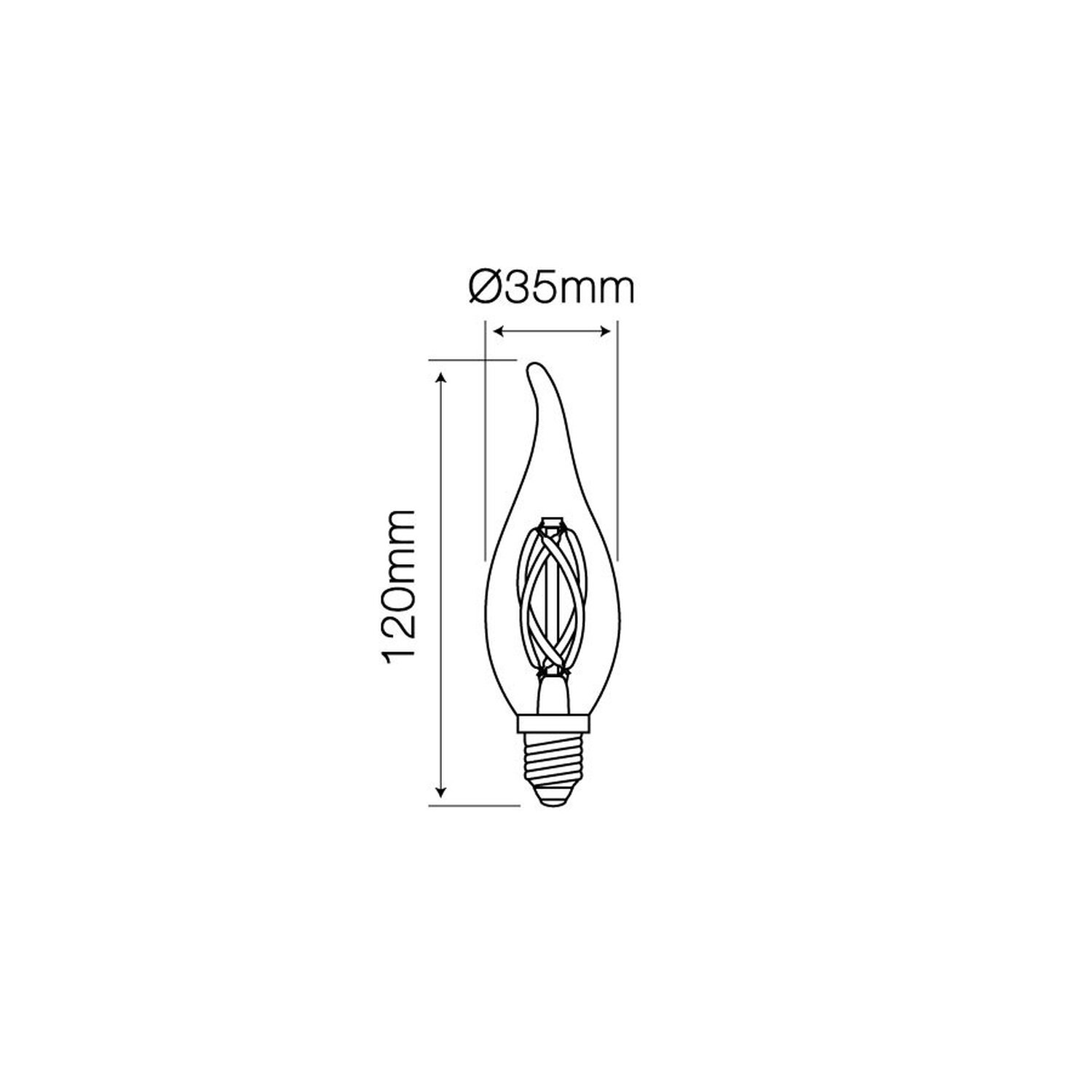 Eine Glühbirne mit flammenförmiger Form, mit den Maßen Ø35mm und 120mm.