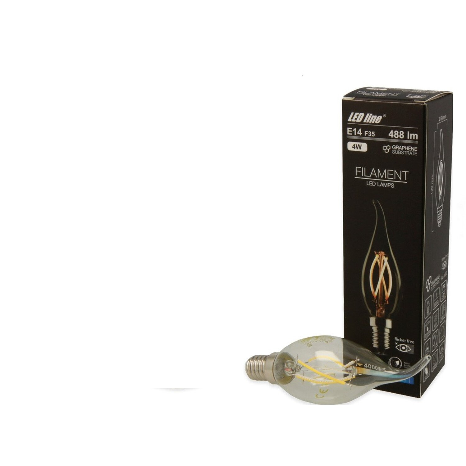 LED-Glühbirne und Verpackung. Die Glühbirne ist aus Glas mit einem Filament-Design, schwarze Box mit Text.