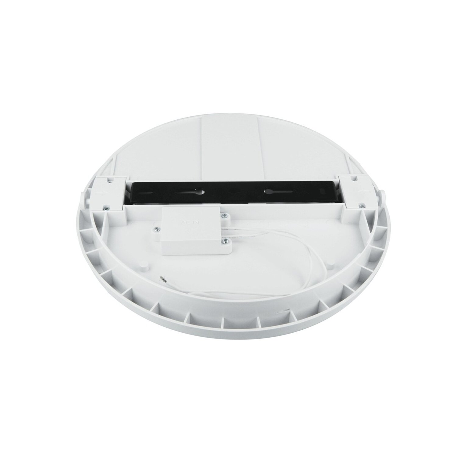 Weißes, rundes LED-Leuchtmittel, mit schwarzer Halterung und Drähten, schräge Ansicht.