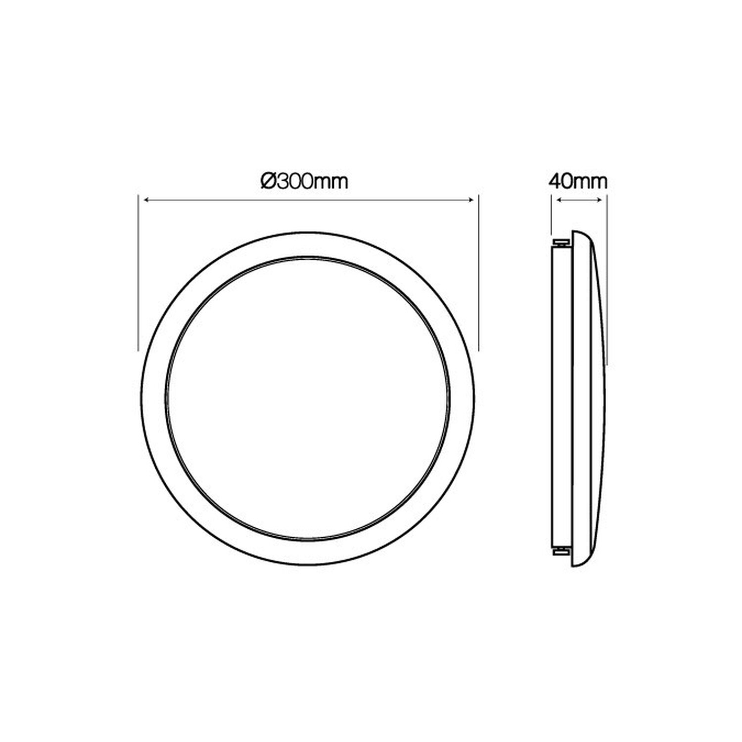 Strichzeichnung eines Kreises mit 300 mm Durchmesser und einer Profilansicht von 40 mm Dicke.