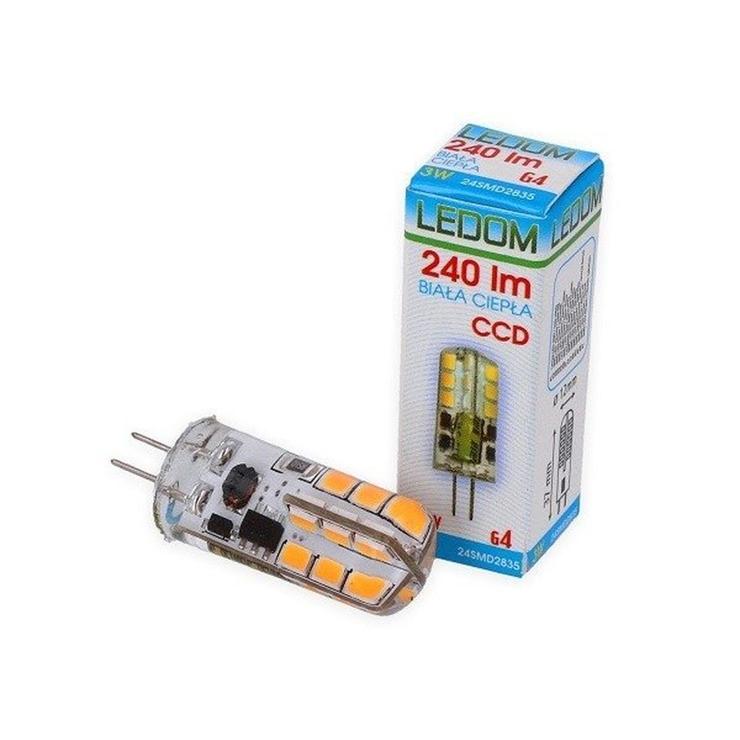 Eine LED-Glühbirne mit Verpackung. Die Glühbirne ist orange, die Verpackung blau und weiß, mit Text.