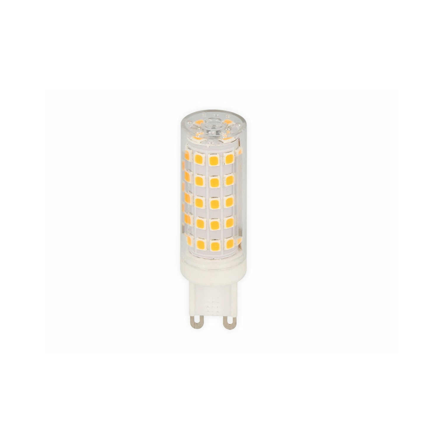Eine LED-Glühbirne mit gelb-orangen LEDs auf weißem Hintergrund.