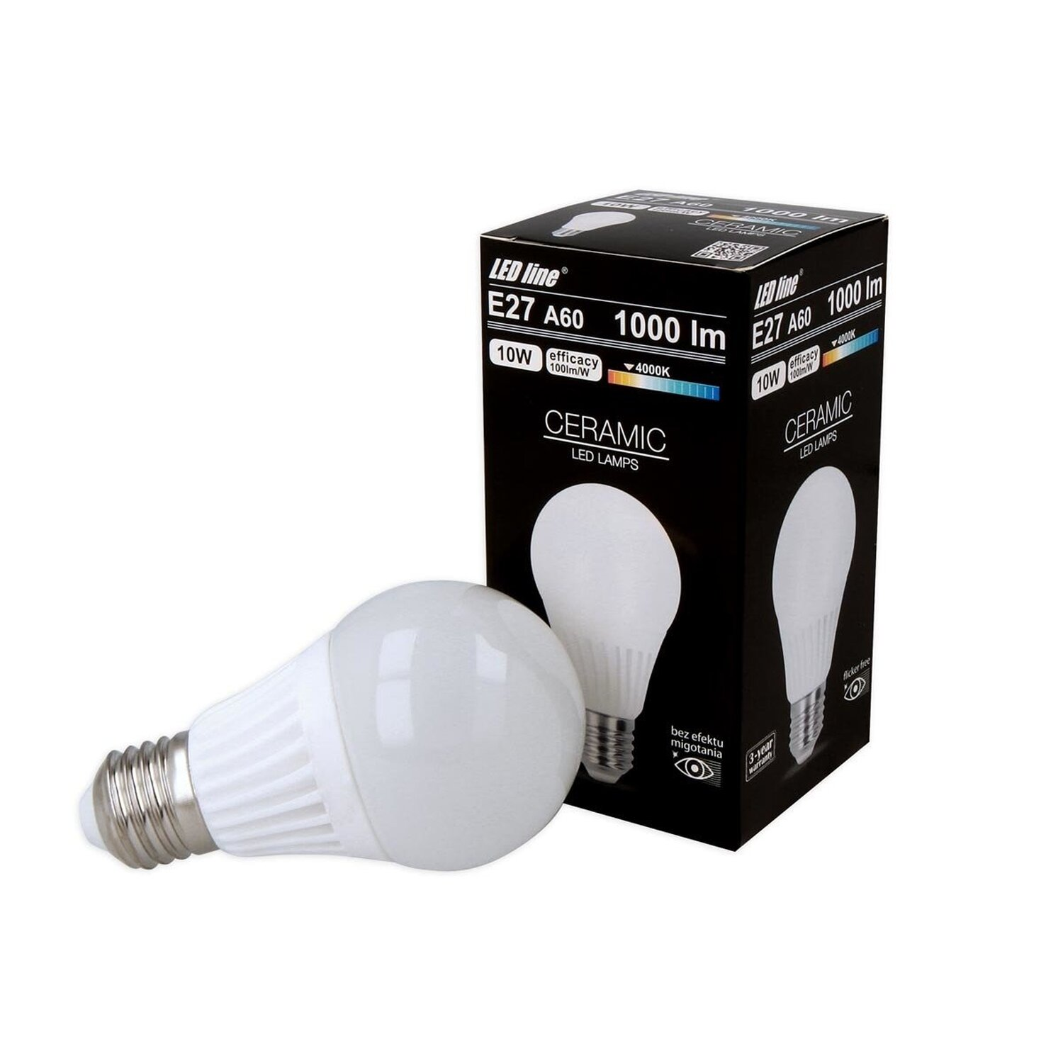 Eine weiße LED-Glühbirne und ihre Schachtel auf weißem Hintergrund. Die Box hat Produktdetails.