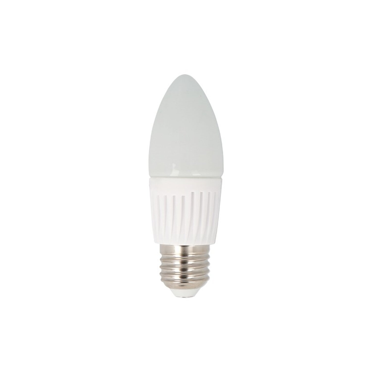 Weiße LED-Kerzenbirne mit silbernem Sockel.