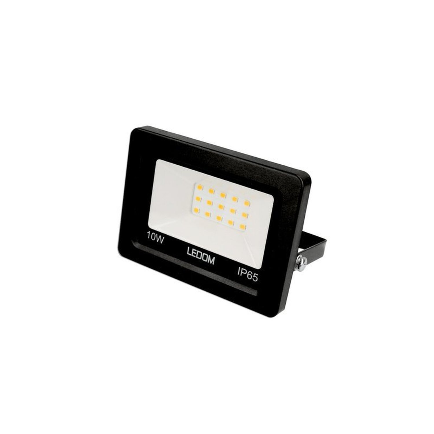 Ein schwarzer LED-Flutlichtstrahler mit weißer Lichtplatte auf weißem Hintergrund.