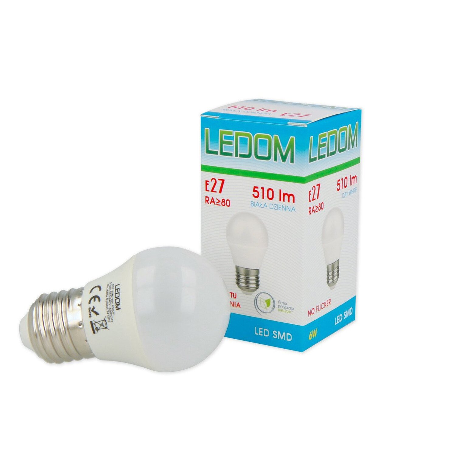 LED-Glühbirne mit Karton, auf Weiß. Karton zeigt Bild und Text.