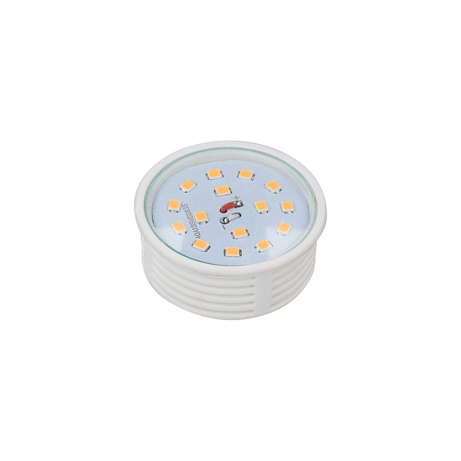 Eine kleine LED-Lampe mit orangefarbenen LEDs, umgeben von einem weißen Kunststoffgehäuse.
