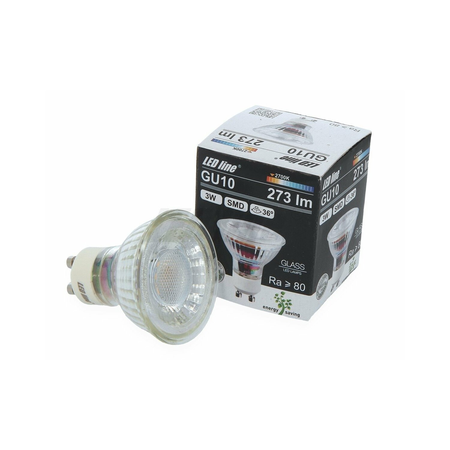 GU10 LED-Lampe und Verpackungskarton mit weißem Hintergrund. Die Lampe befindet sich neben der Box. Die Box hat Text.