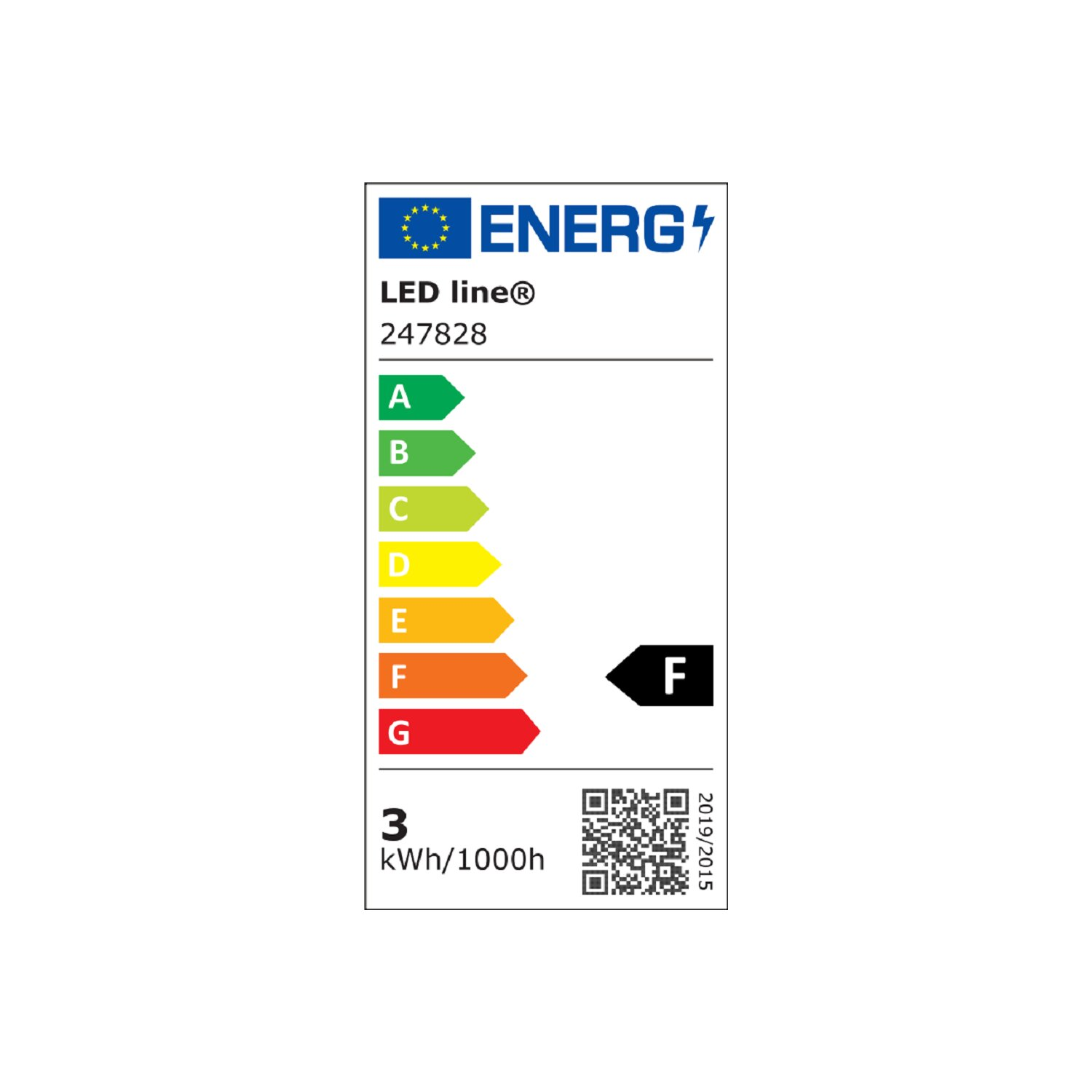 Energielabel mit der Bewertung F. Das Etikett zeigt die Energieeffizienz und andere Daten.
