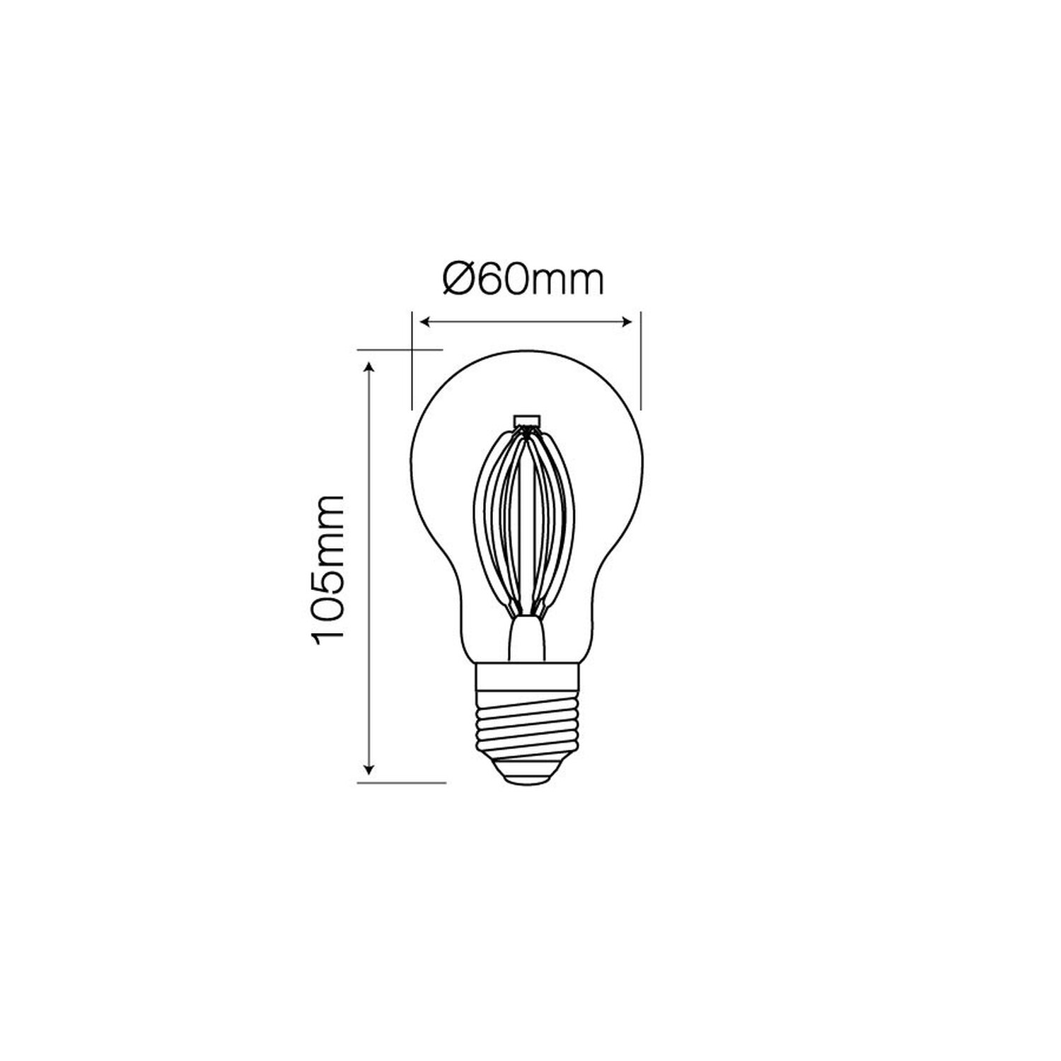 Diagramm einer Glühbirne mit Abmessungen, schwarze Linien auf weißem Hintergrund.