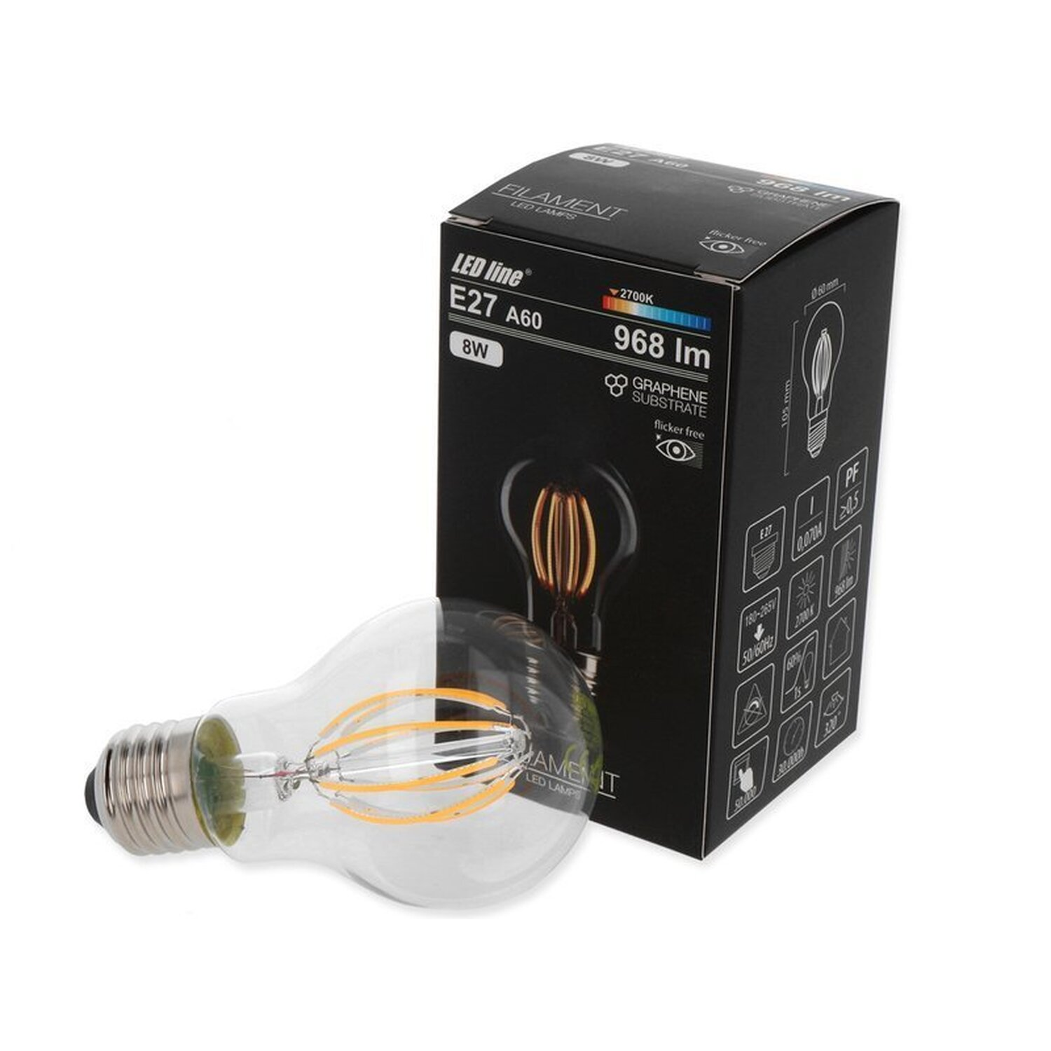 Eine LED-Glühbirne mit einem klaren Glaskolben und einer schwarzen Verpackung. Die Glühbirne ist vor der Box.