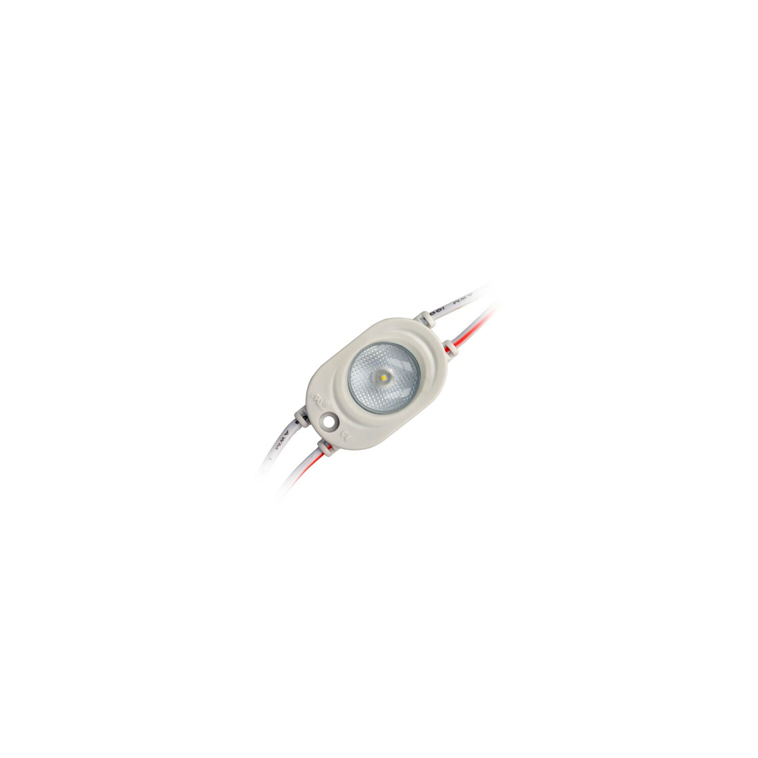 Ein kleines LED-Lichtmodul mit Drähten. Es ist weiß mit einem roten und weißen Draht.