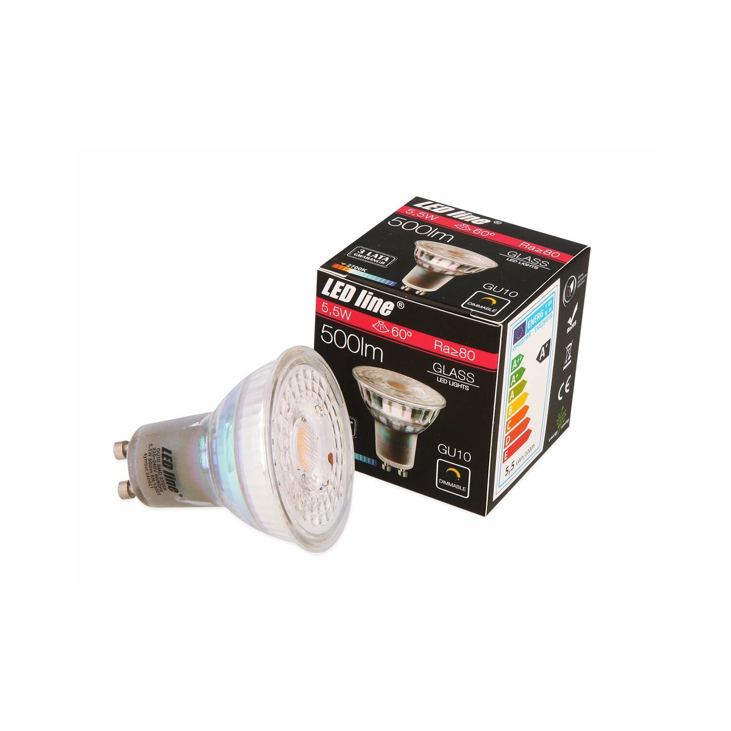 LED-Glühbirne und -Box. Die Glühbirne ist silber und weiß, die Box schwarz und weiß.