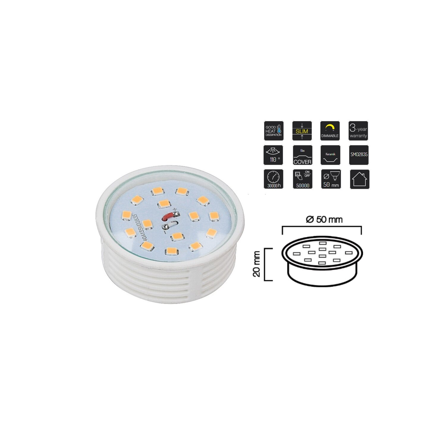 Weiße LED-Leuchte mit Maßen und Symbolen.