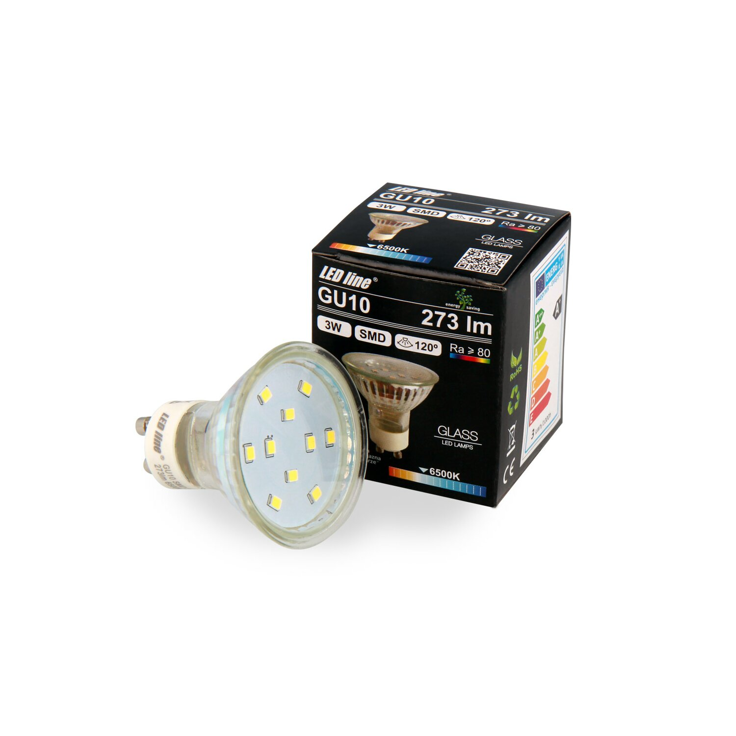 GU10 LED-Glühbirne und eine Box mit Produktinformationen.