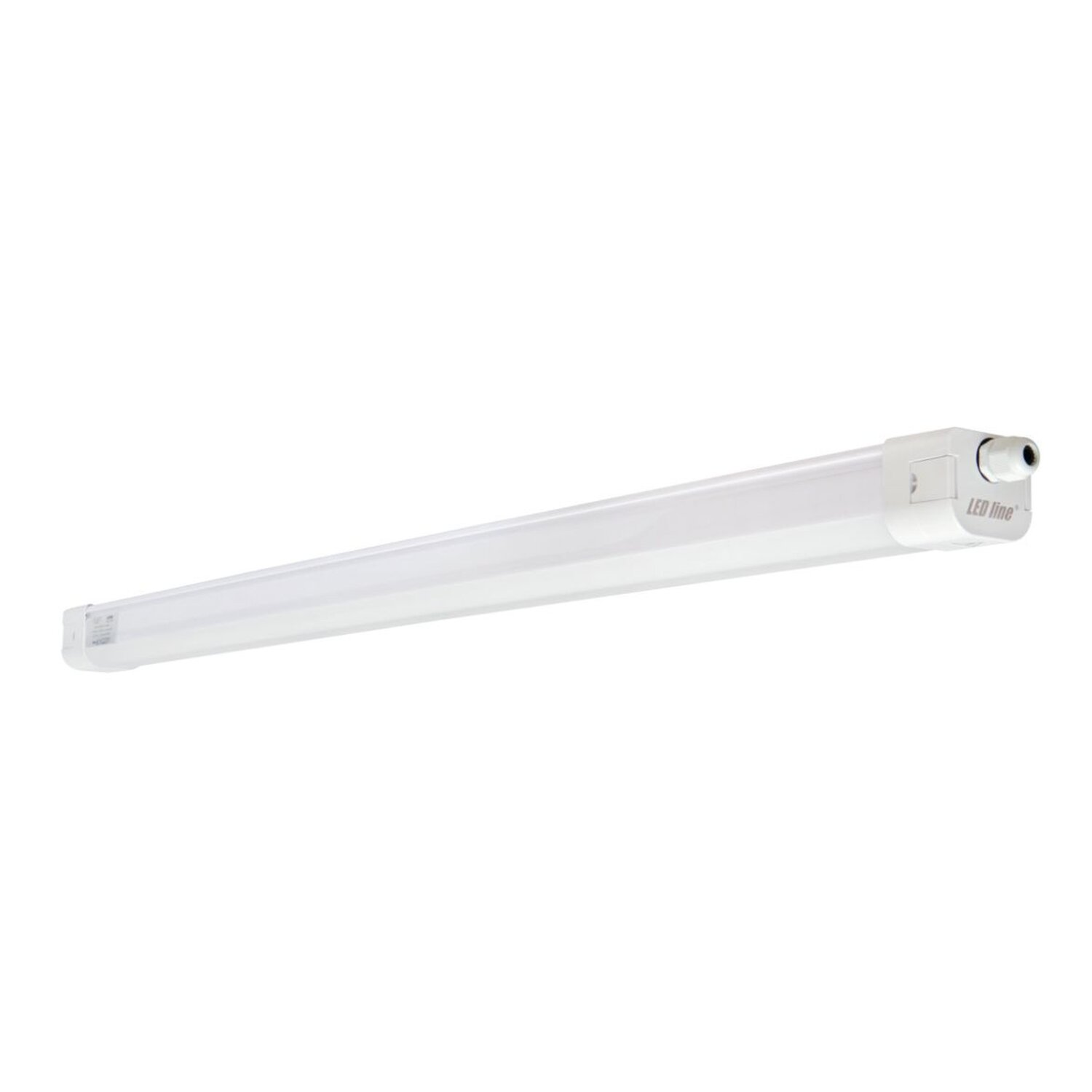 Lange weiße LED-Röhre. Das Licht ist gerade, mit weißem Gehäuse und Endkappe.