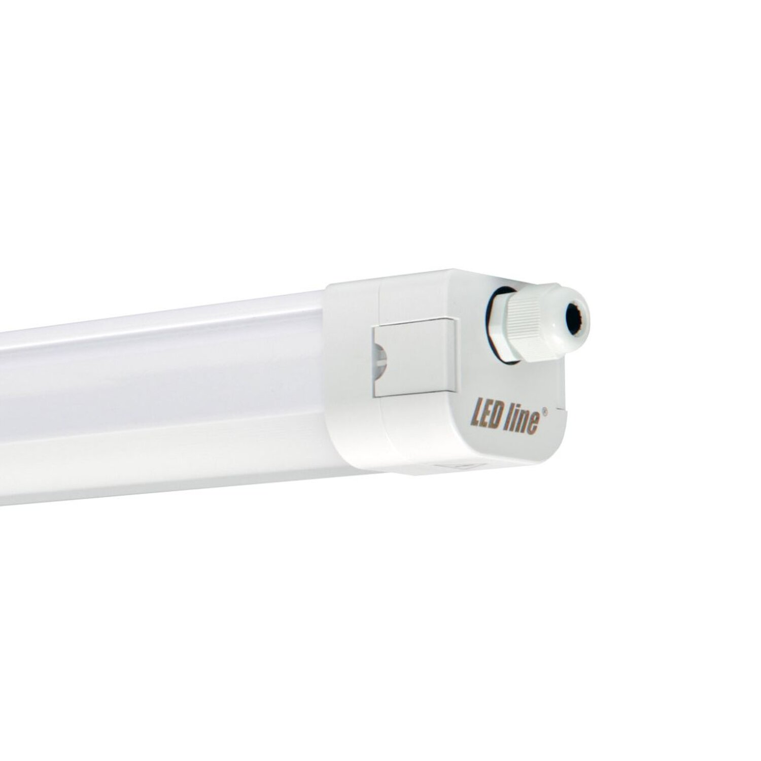 Eine weiße LED-Lichtröhre. Am Ende befindet sich ein weißer Stecker.