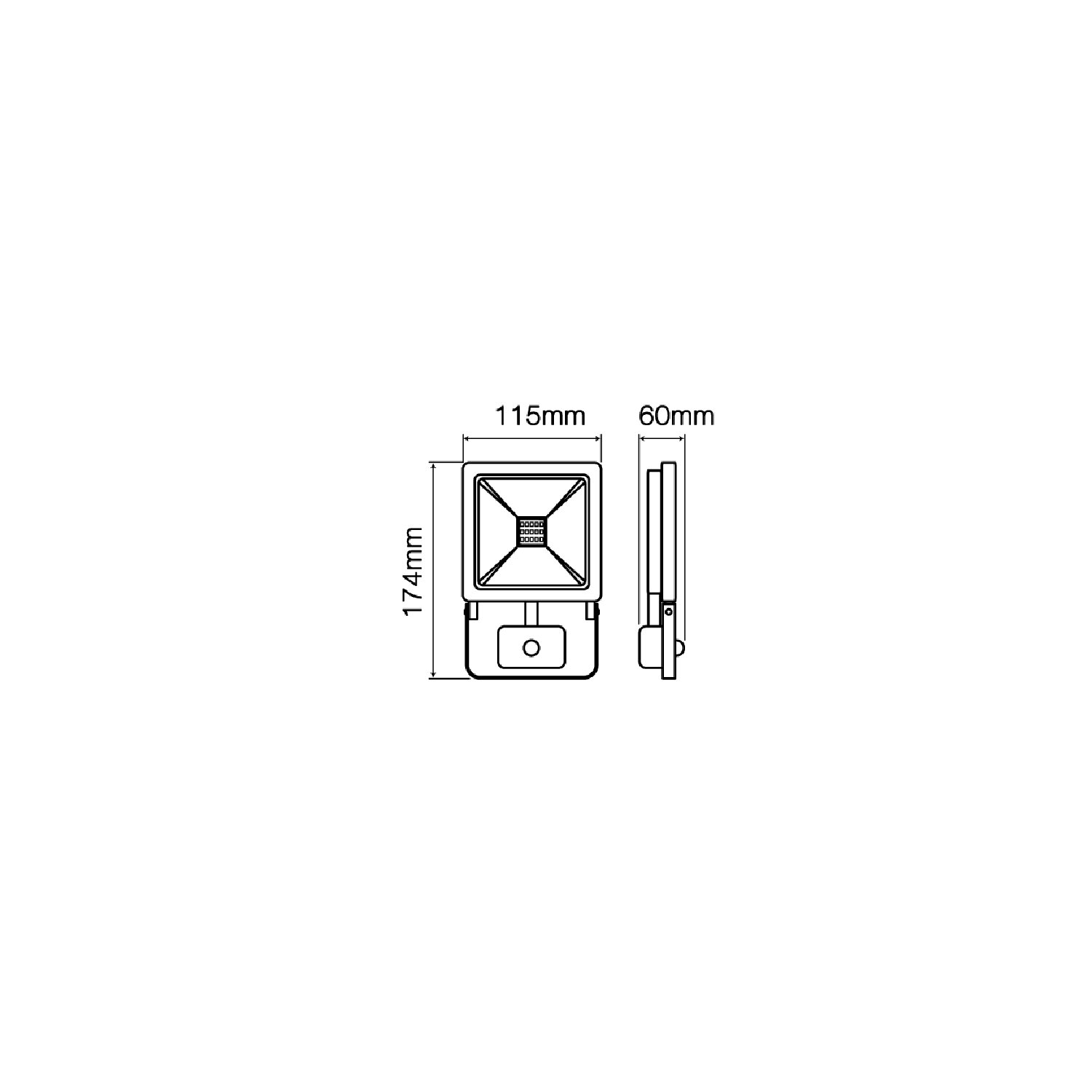 Diagramm eines rechteckigen LED-Flutlichtstrahlers mit Abmessungen.