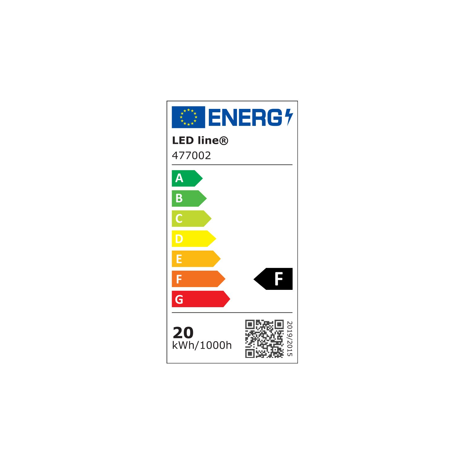 Energielabel für eine Lichtquelle, das die Energieeffizienzklasse F zeigt.