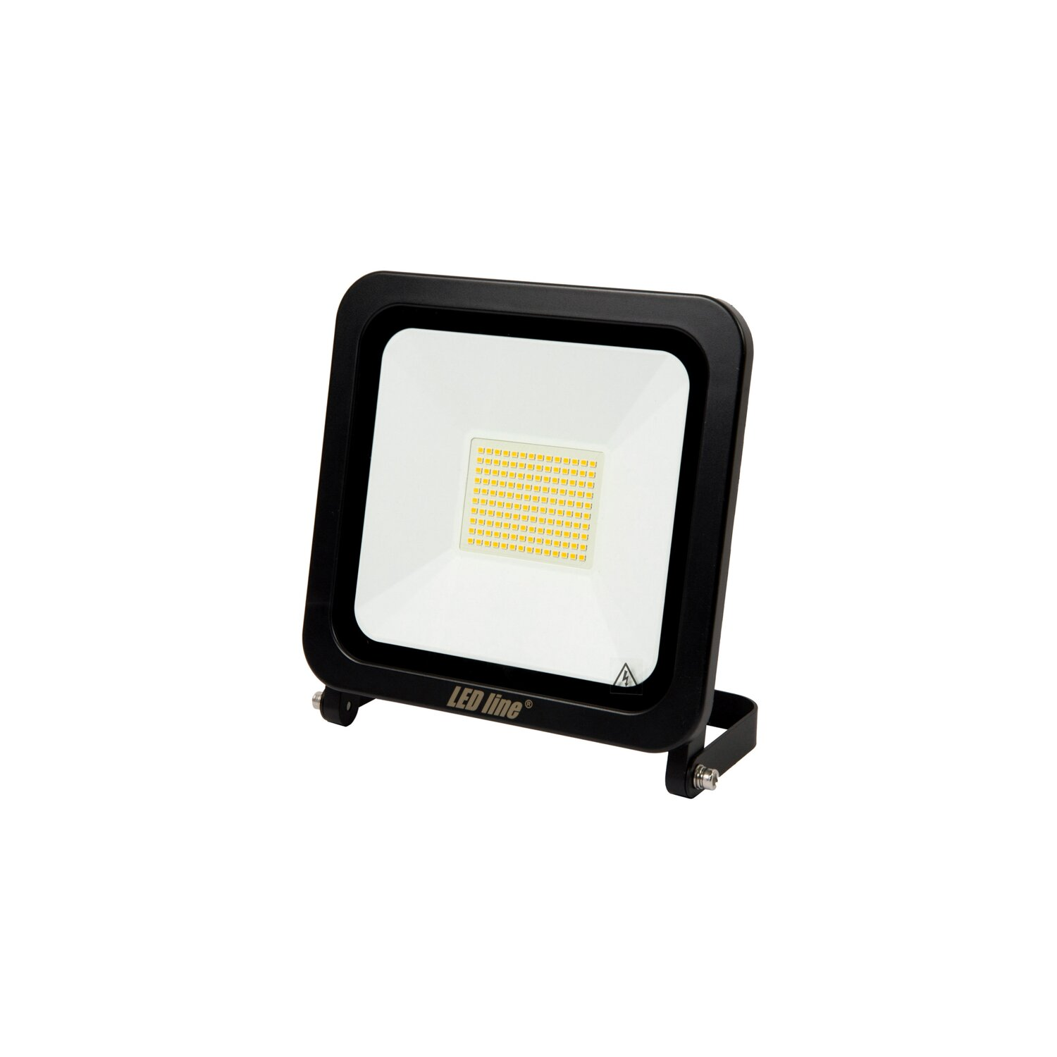 Ein schwarzer LED-Flutlichtstrahler mit weißem Lichtpanel. Er steht auf einem Ständer und hat das LED Line-Logo.