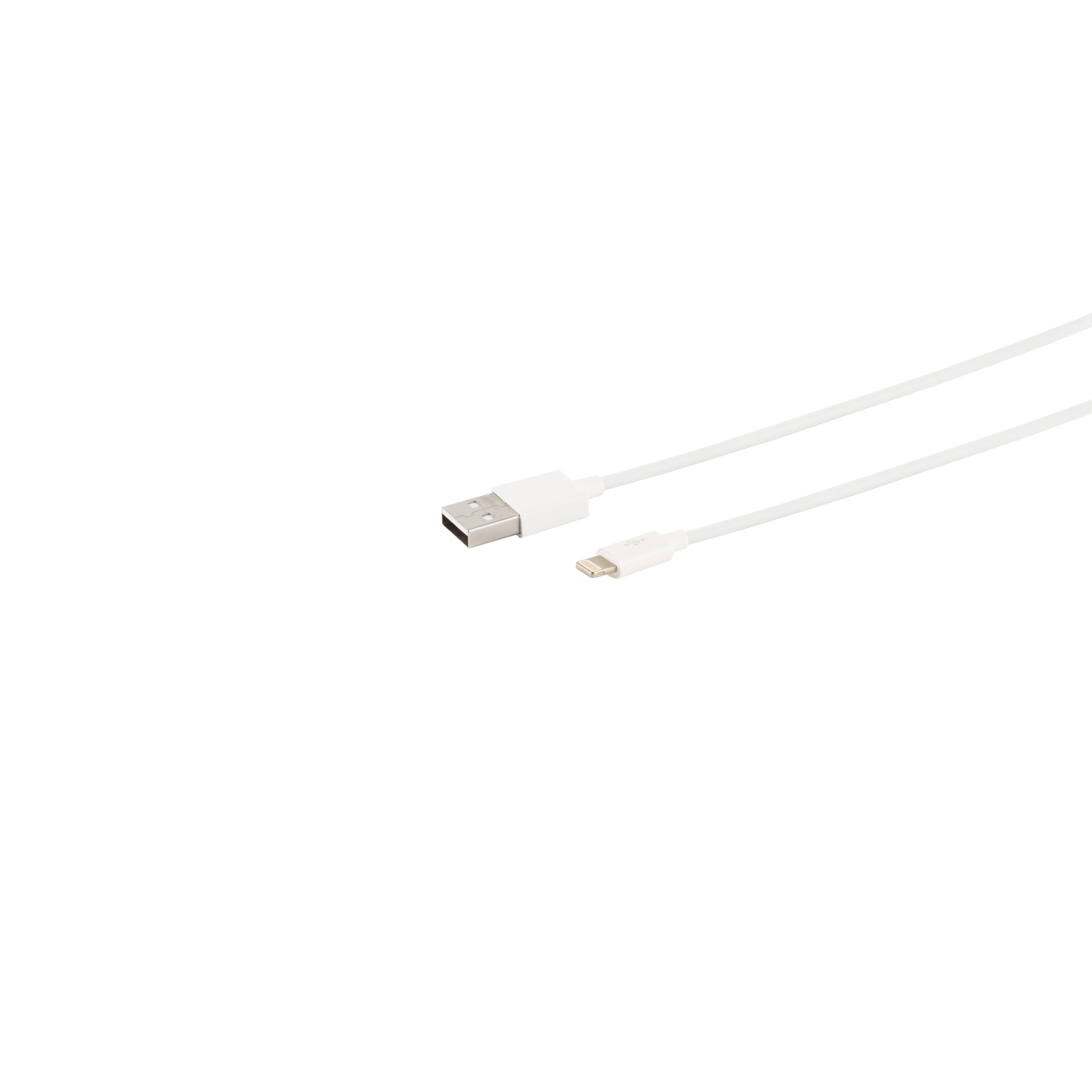 Cavo da USB a Lightning bianco. Sono mostrate le due estremità del cavo.