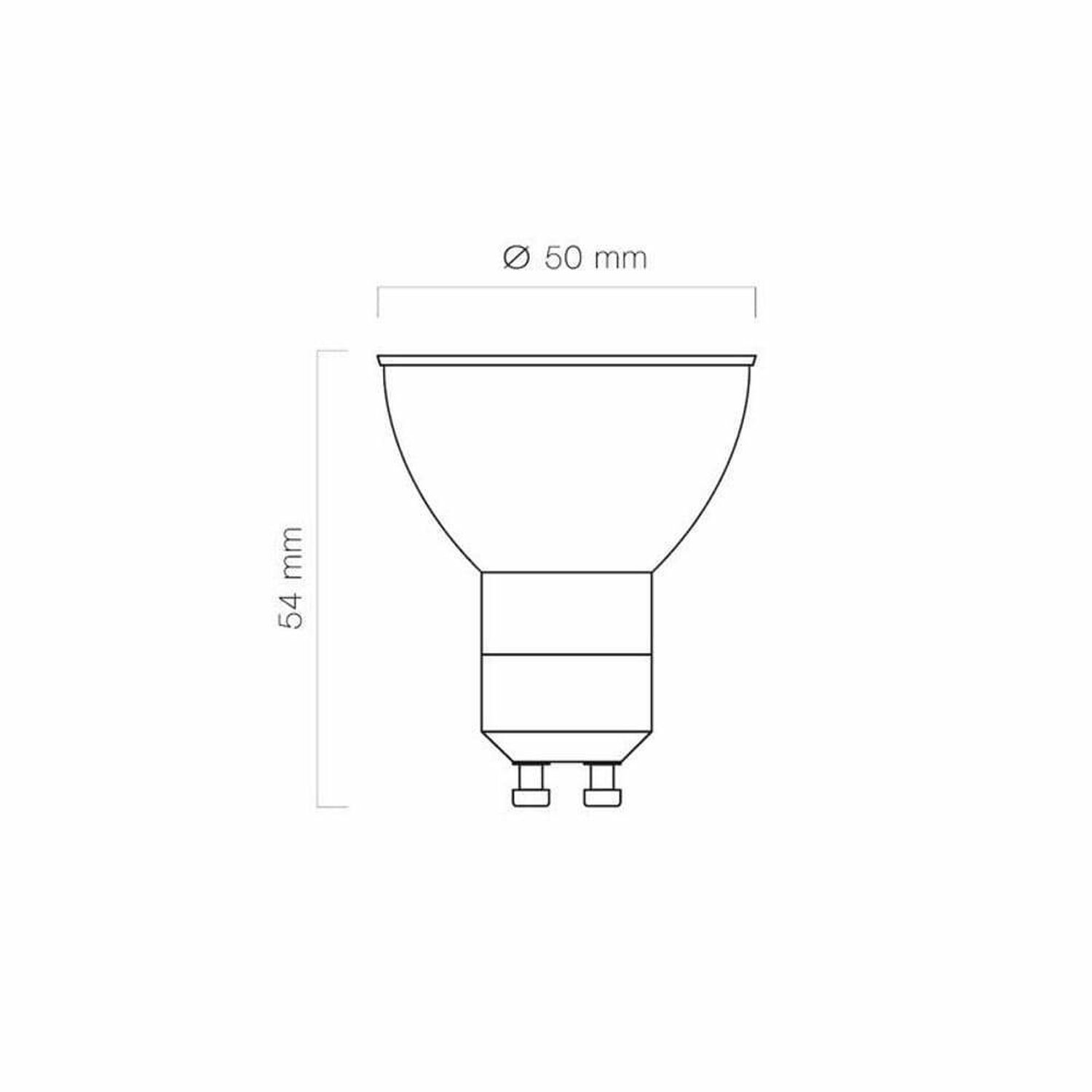 Eine Glühbirnen-Diagramm mit Maßen. Es ist eine GU10-Glühbirne mit den Abmessungen 50 mm x 54 mm.