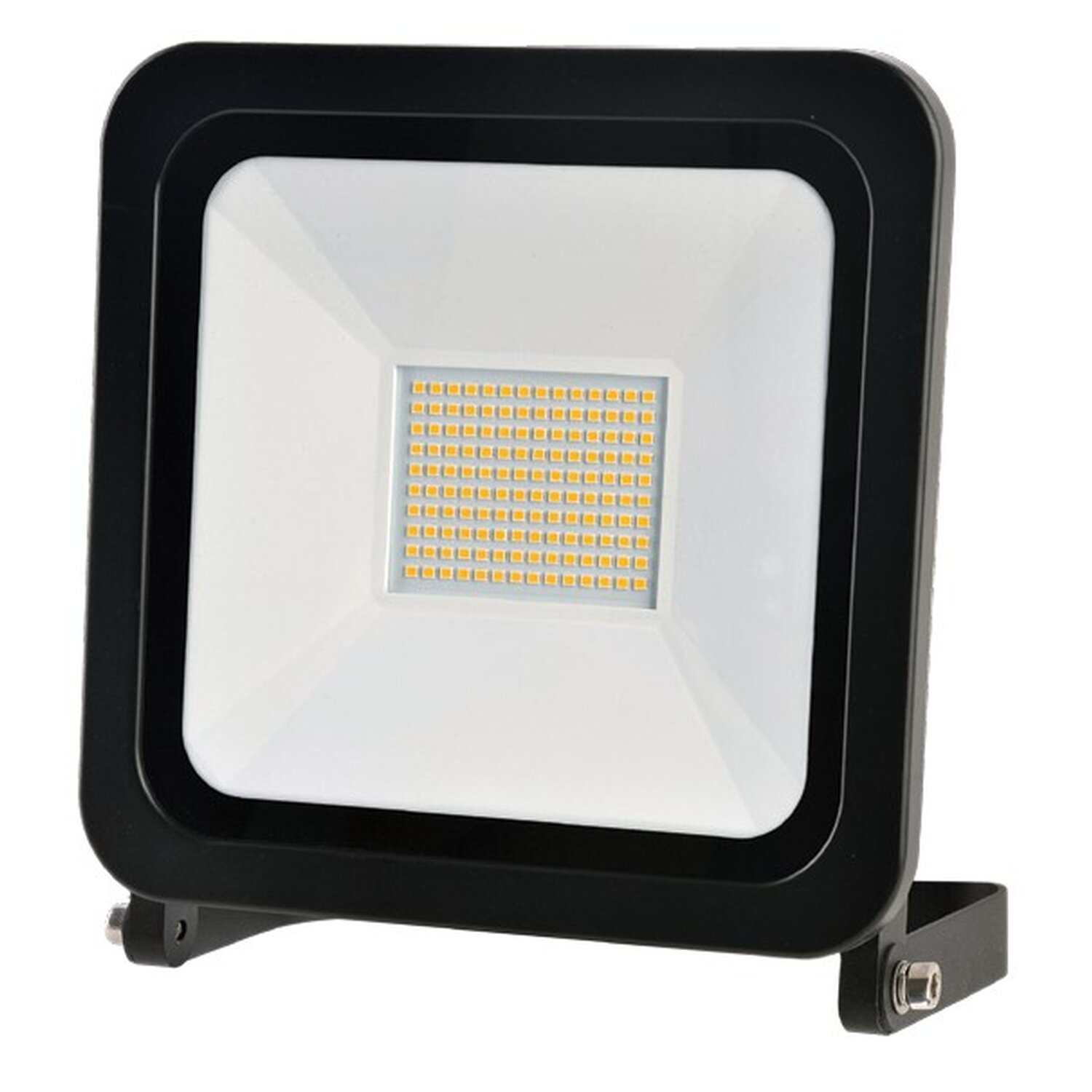 Schwarzer quadratischer LED-Fluter. Weißes Lichtpanel mit vielen gelben LEDs. Schwarzer Rahmen und Halterung.