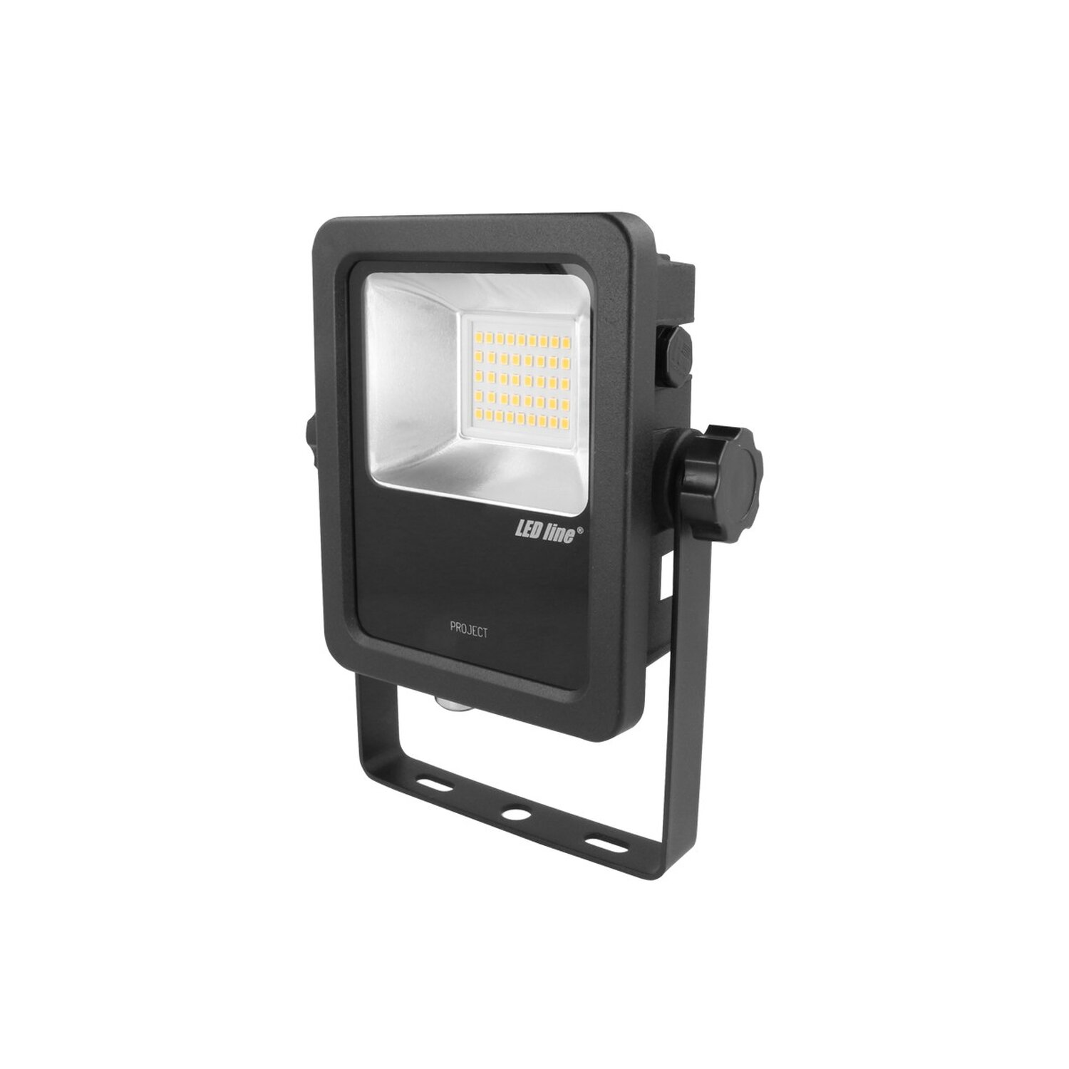 Schwarzer LED-Fluter auf Weiß. Hat helles, weißes Licht, einen Griff und ein Rad.